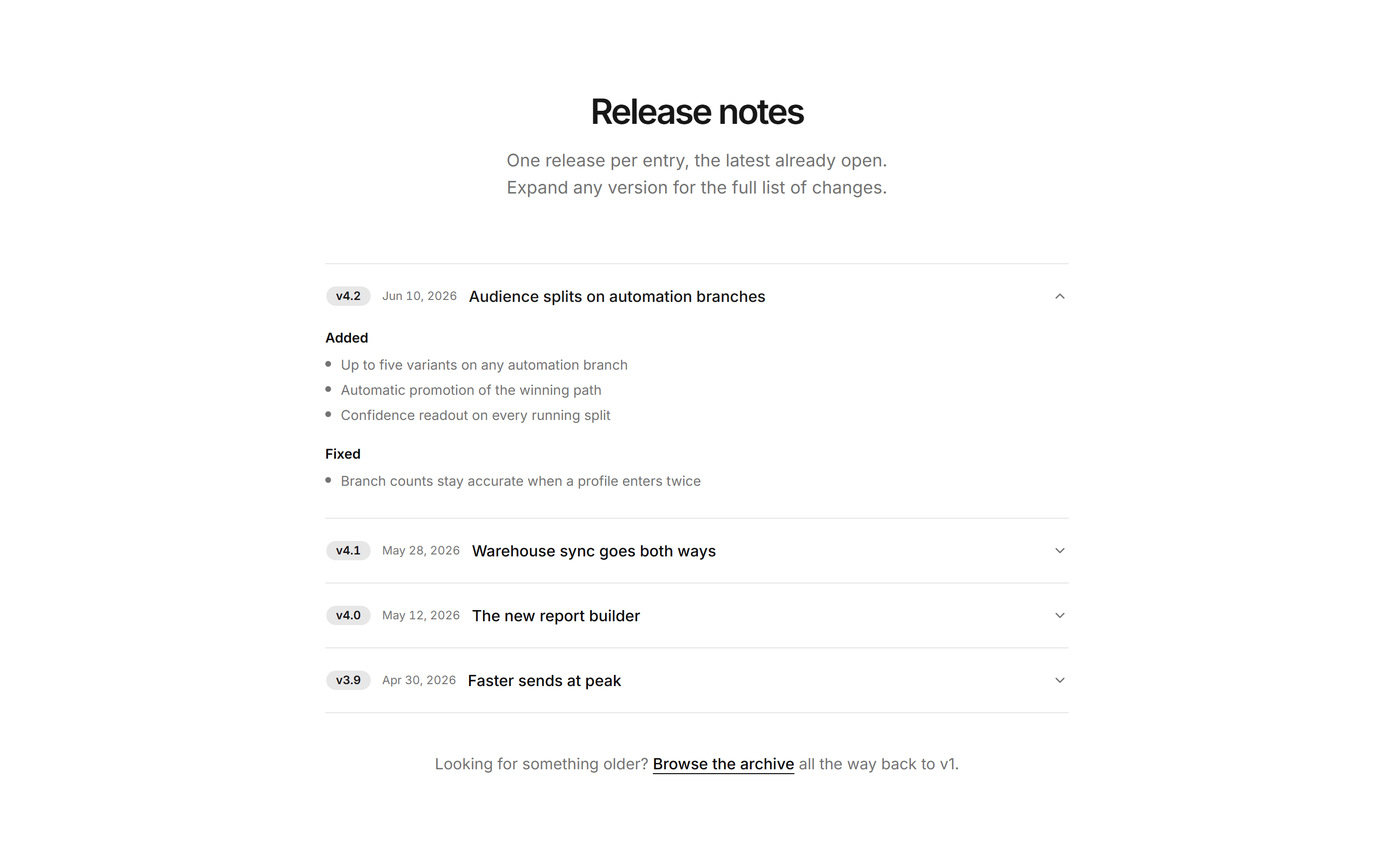 Marketing Changelog: Release Notes Accordion