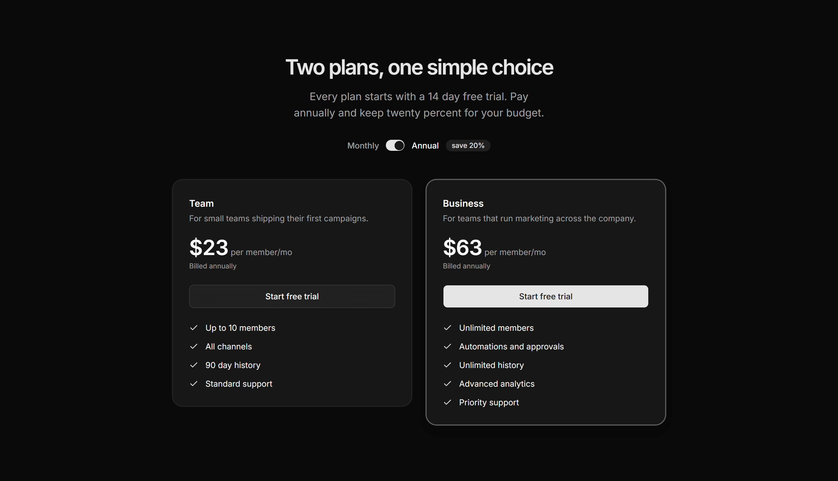 Marketing Pricing: Annual Toggle Two Tier