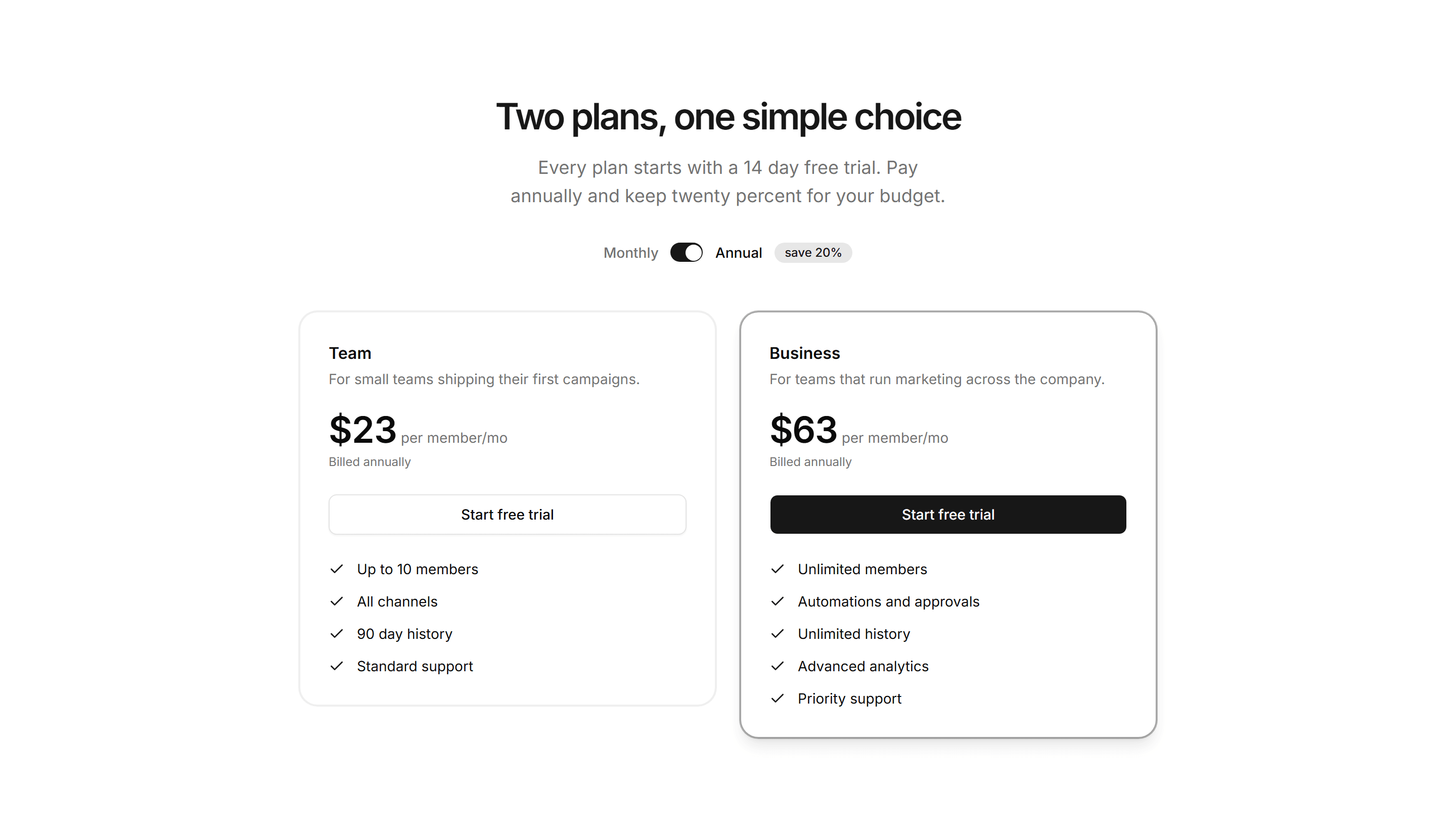 Marketing Pricing: Annual Toggle Two Tier