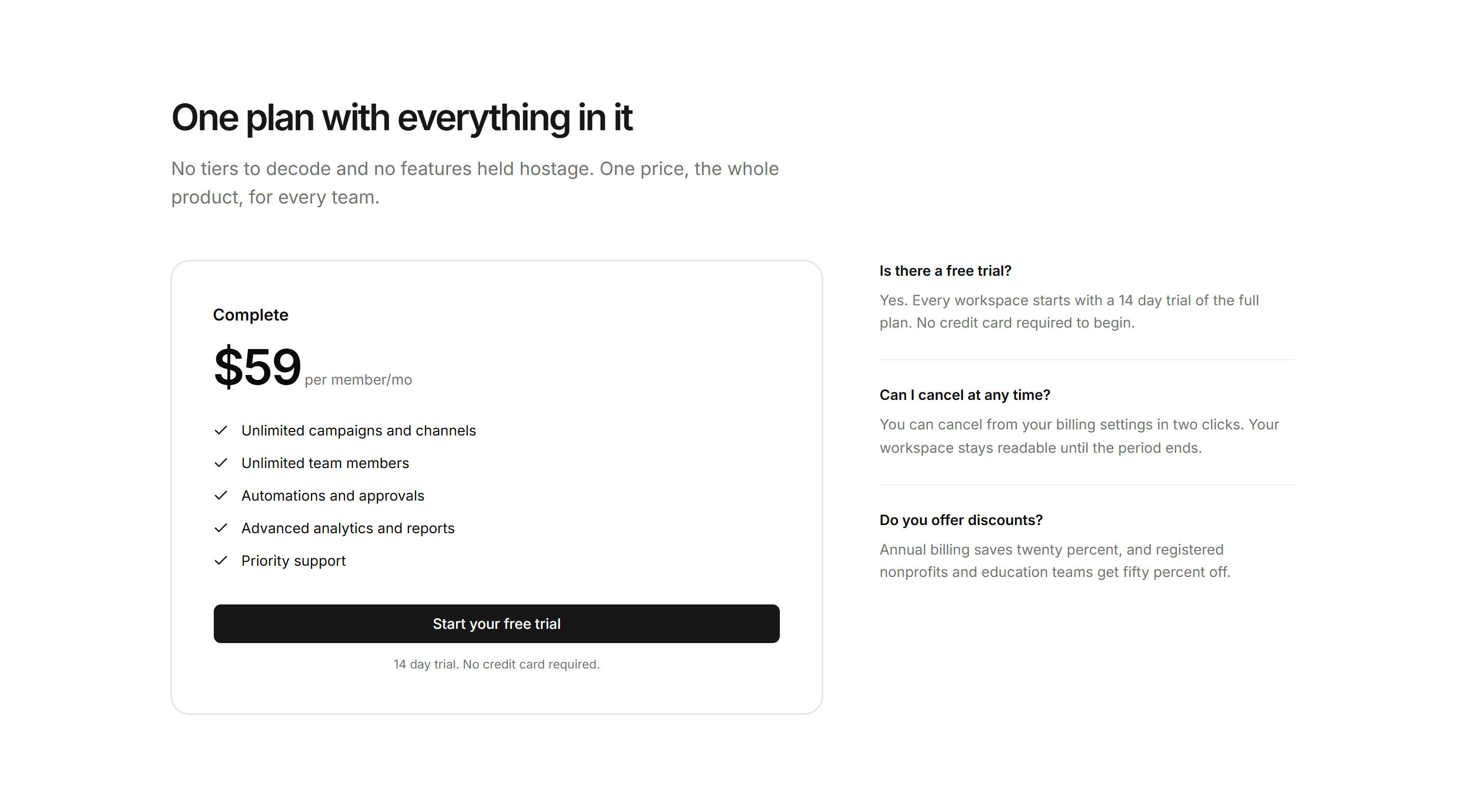 Marketing Pricing: Single Plan With FAQ