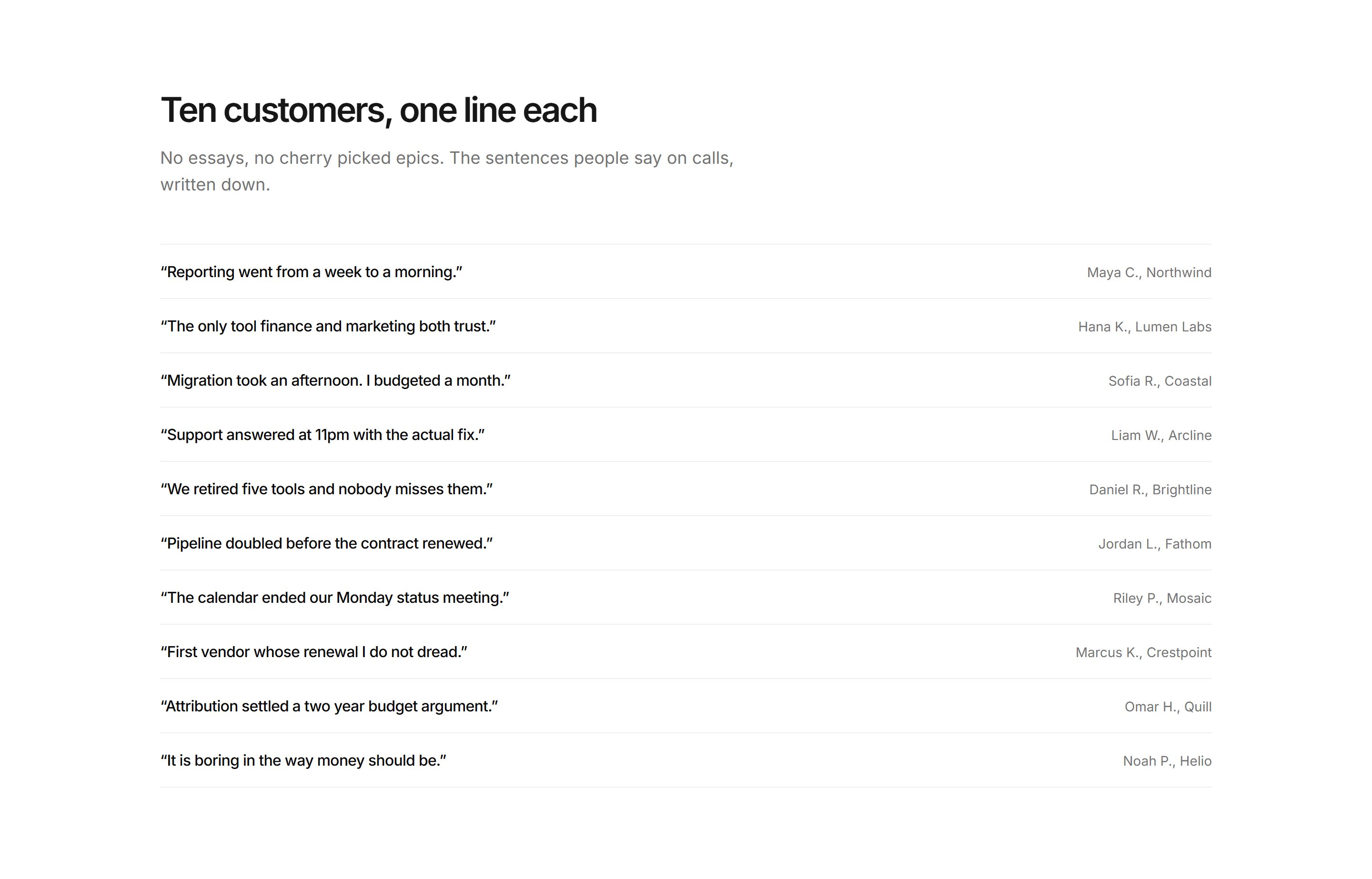 Marketing Testimonial: One Line Quotes List