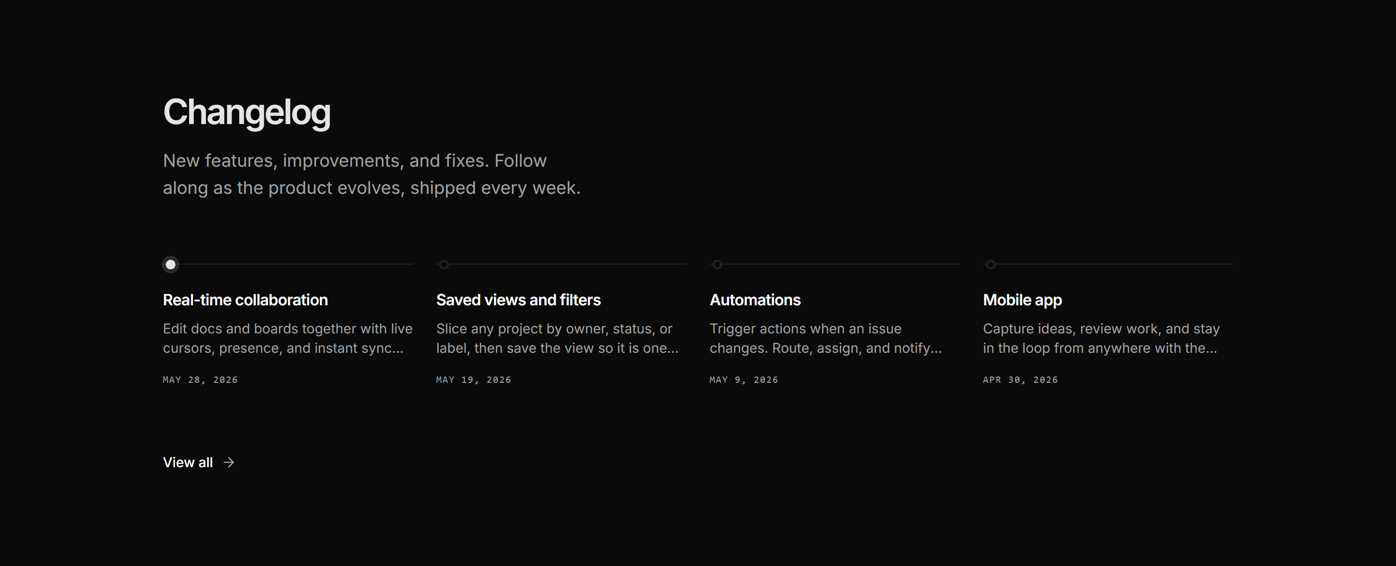 Modern SaaS Changelog: Horizontal Timeline