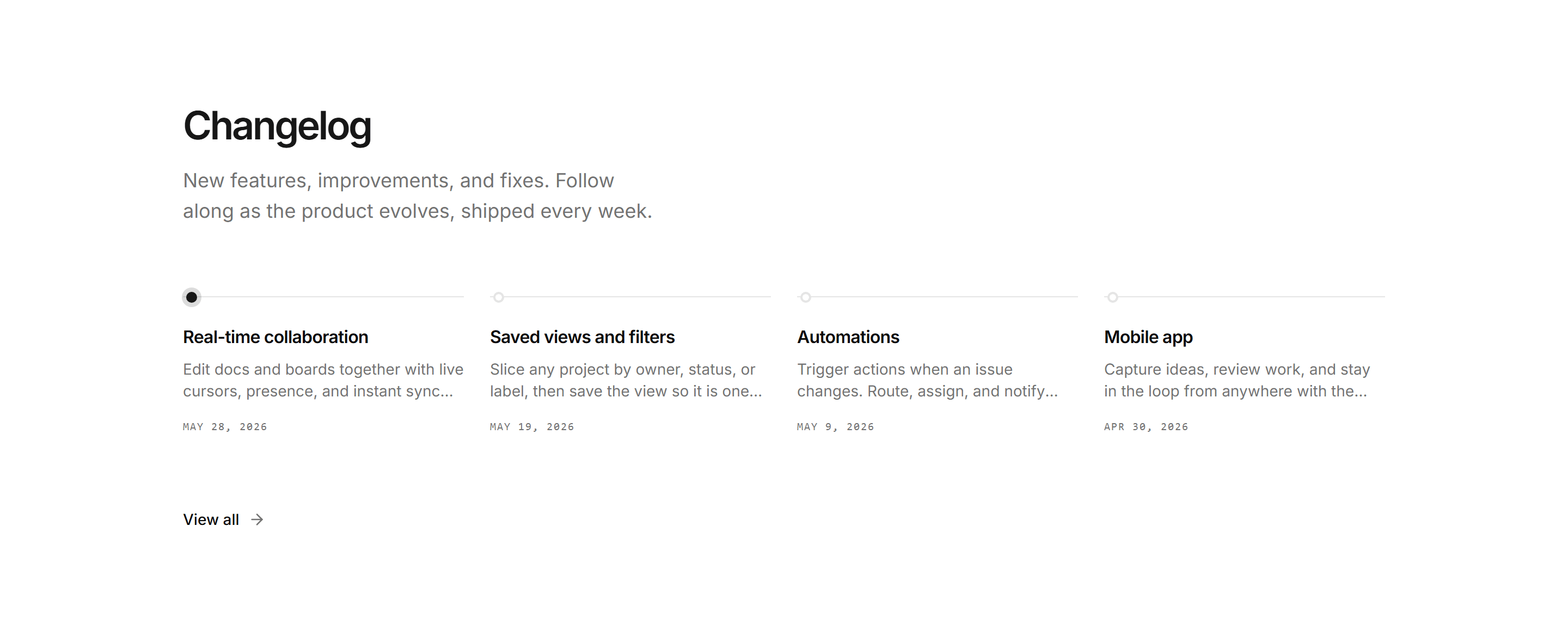 Modern SaaS Changelog: Horizontal Timeline
