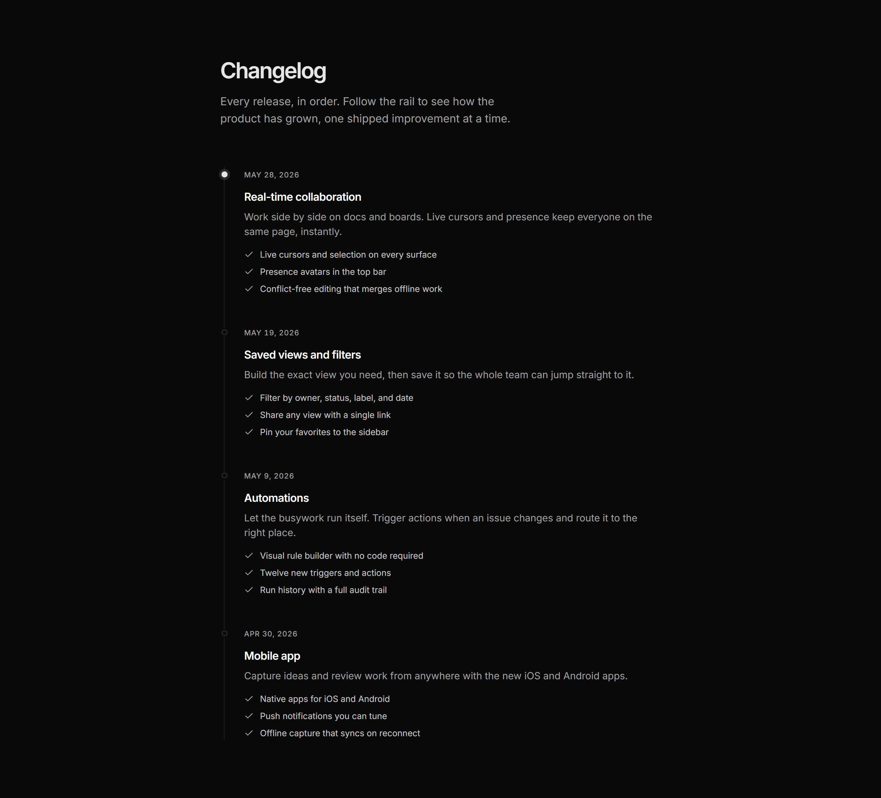 Modern SaaS Changelog: Vertical Timeline