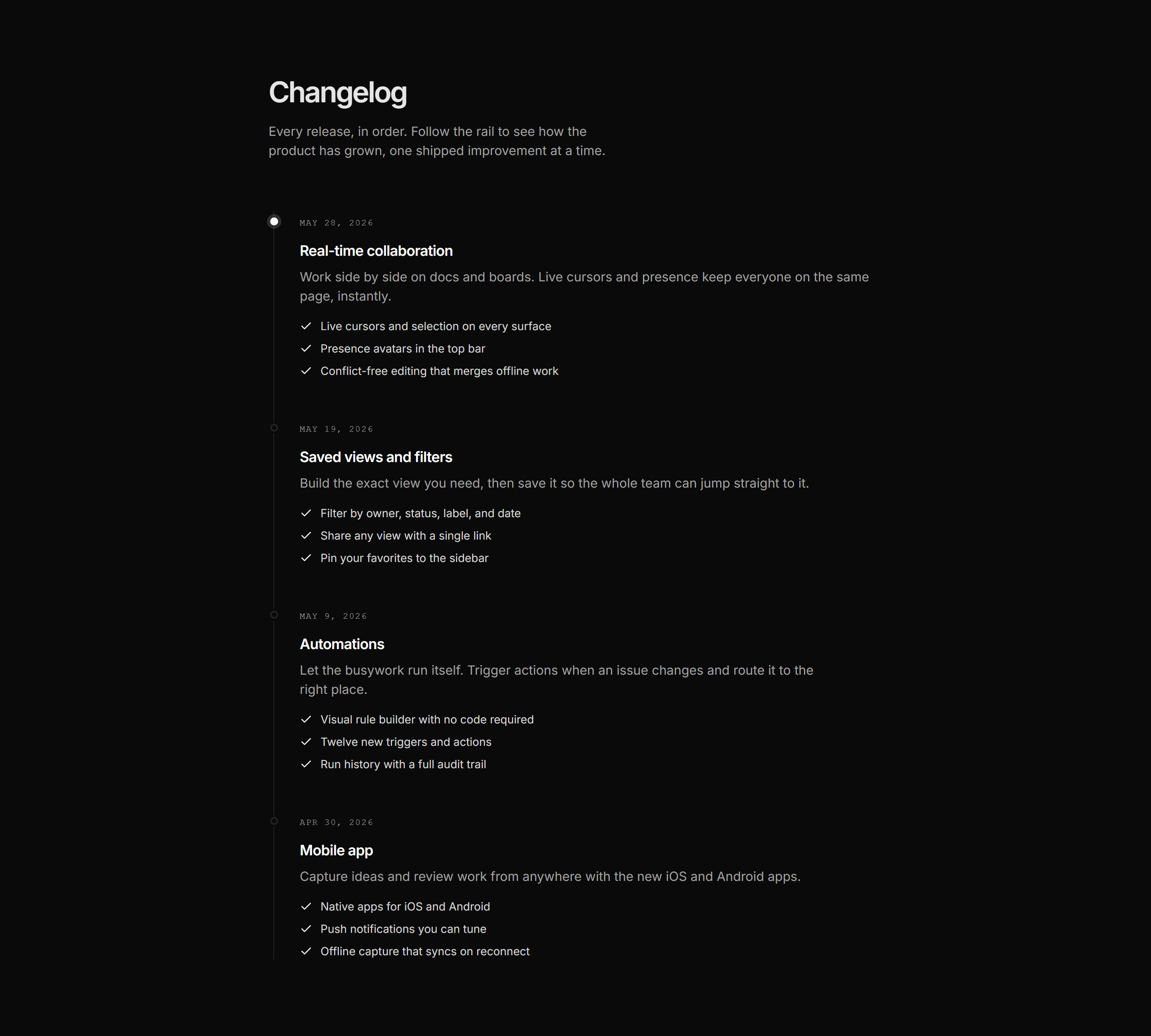 Modern SaaS Changelog: Vertical Timeline