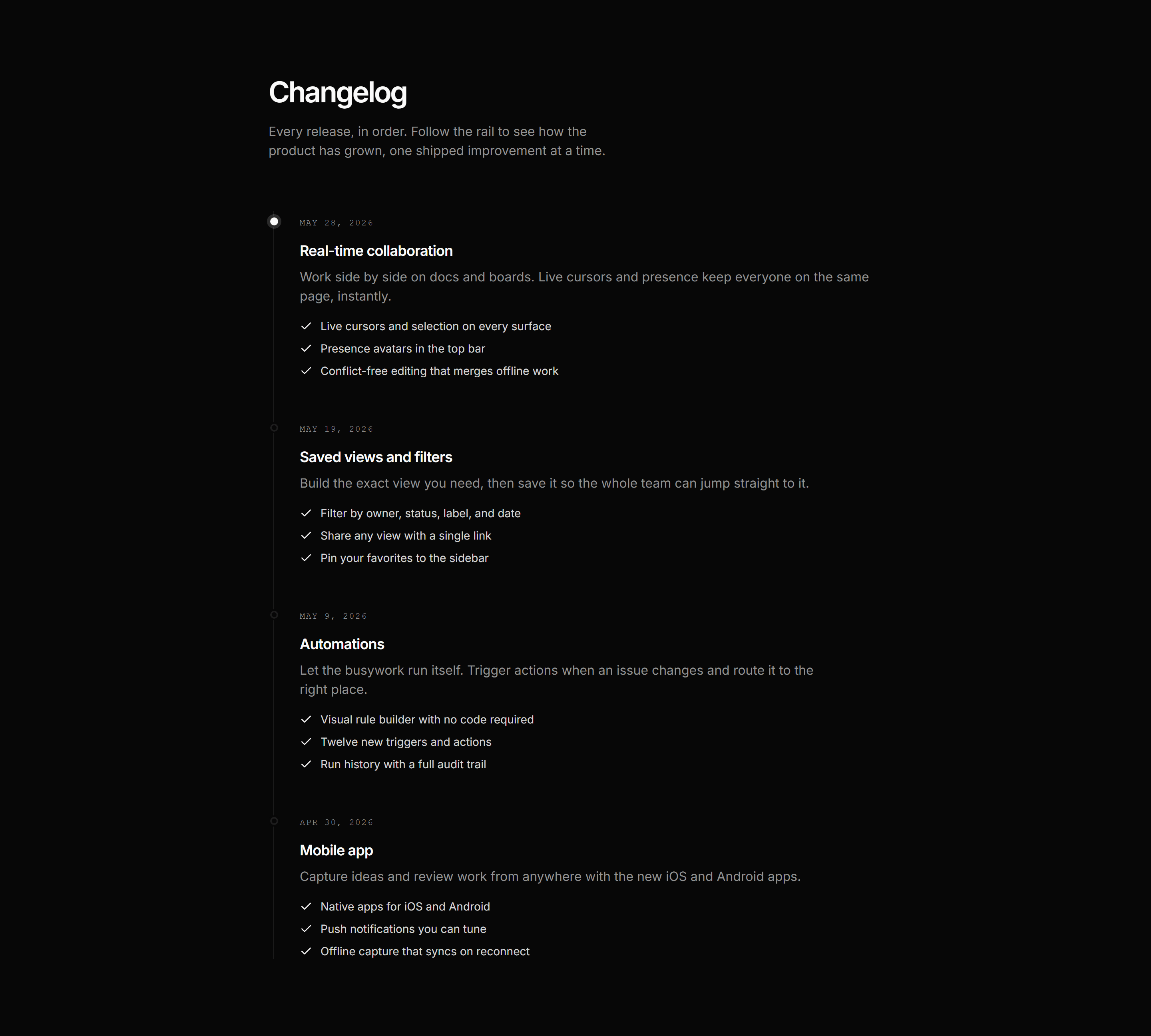 Modern SaaS Changelog: Vertical Timeline