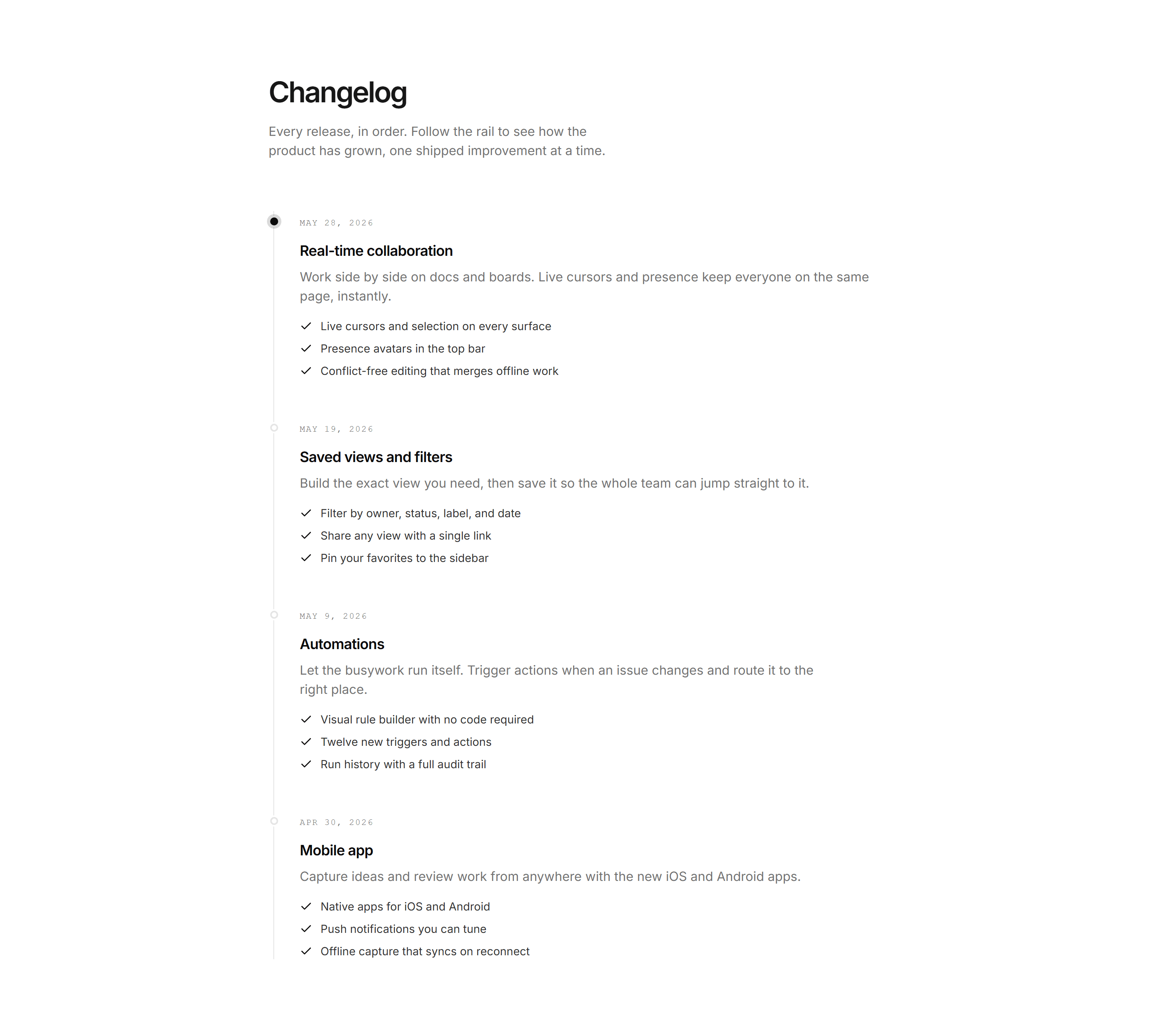 Modern SaaS Changelog: Vertical Timeline