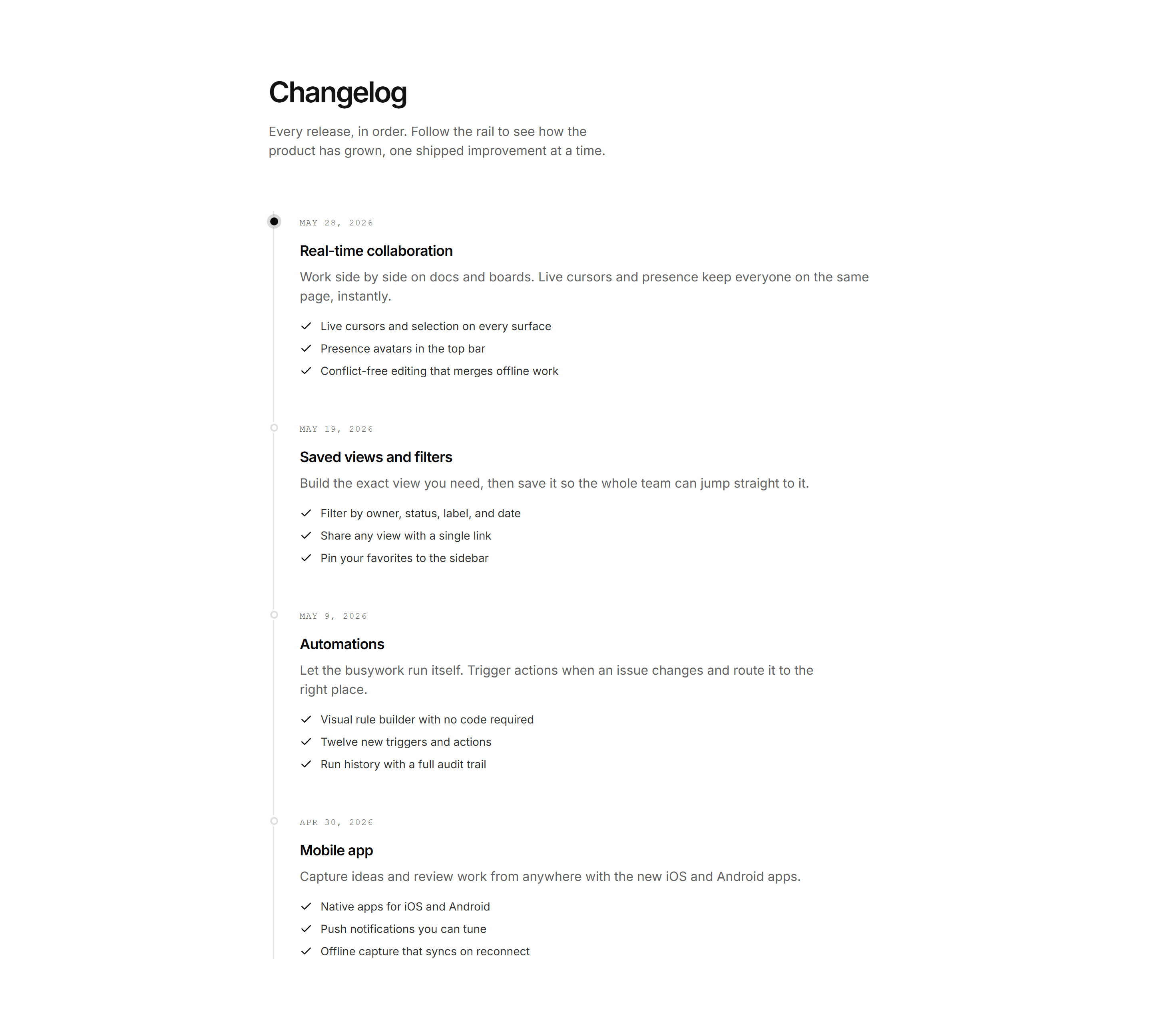 Modern SaaS Changelog: Vertical Timeline