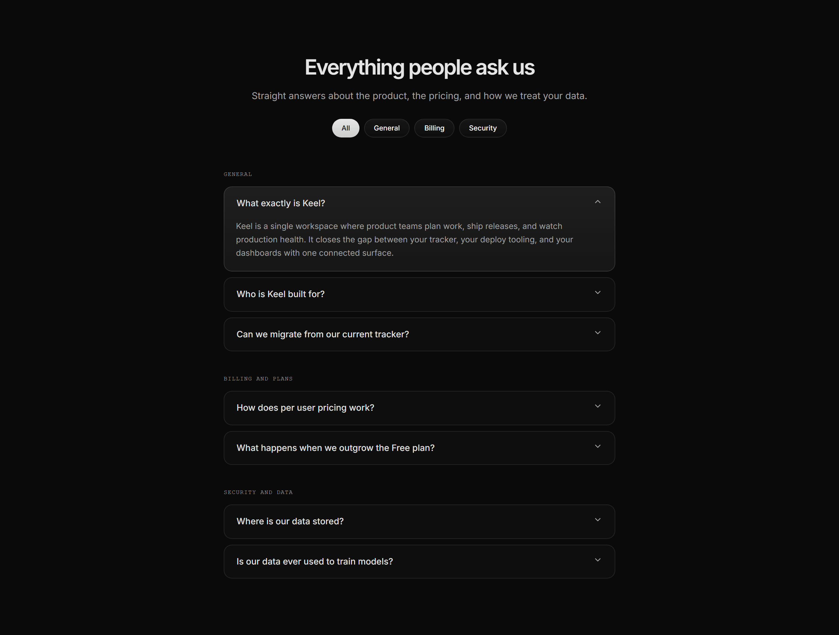 Modern SaaS FAQ: Category Pill Accordions