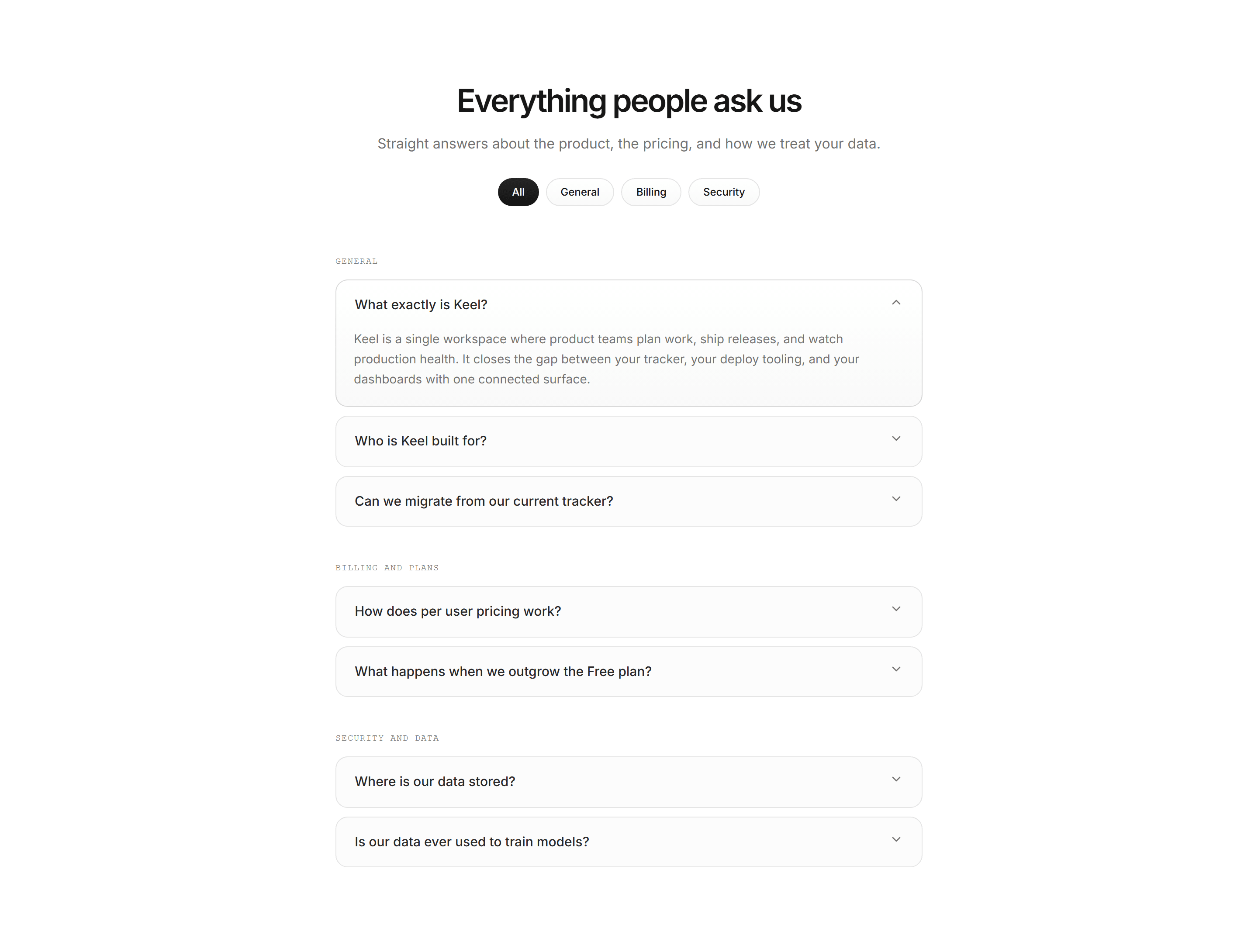 Modern SaaS FAQ: Category Pill Accordions