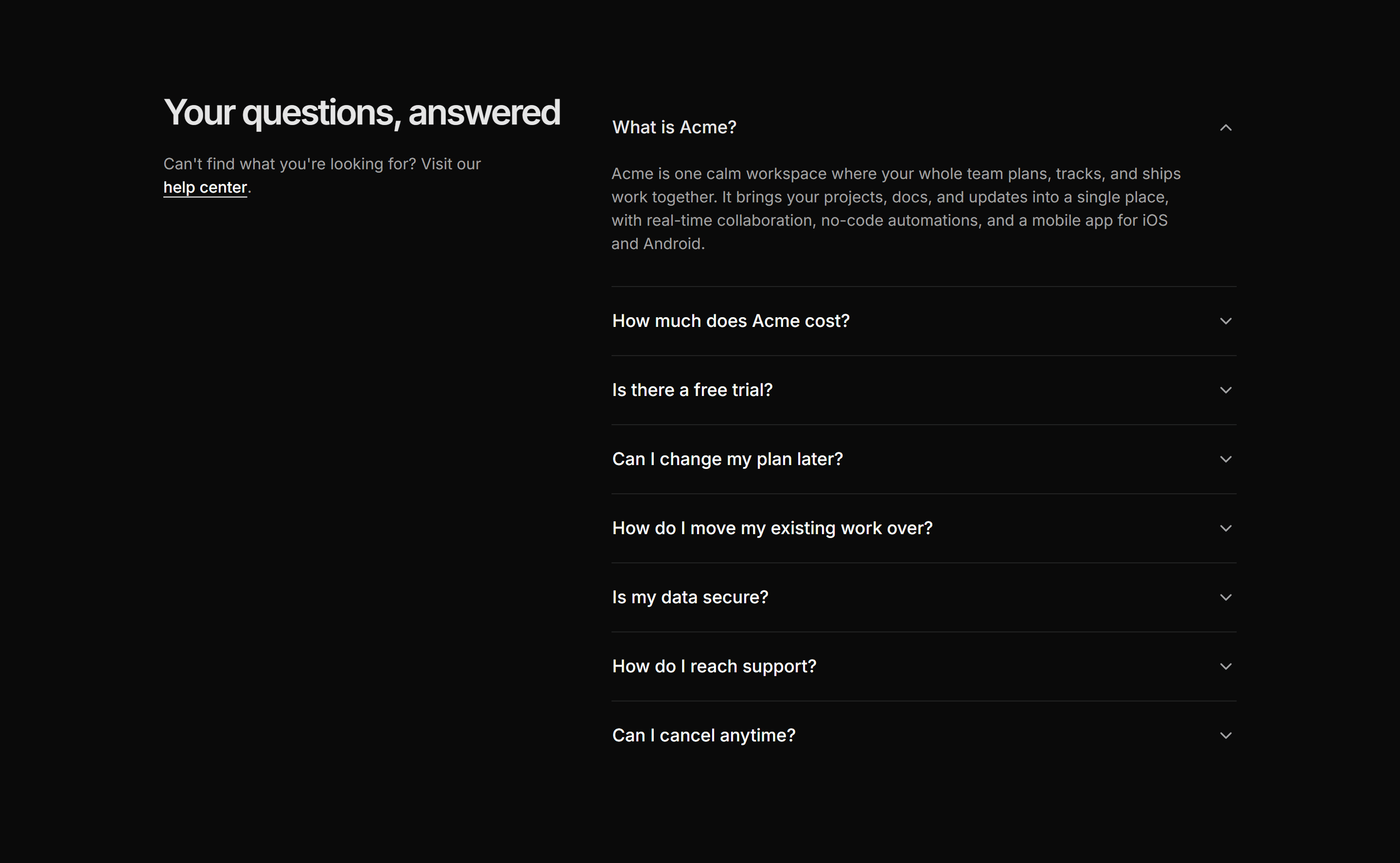 Modern SaaS FAQ: Split With Aside