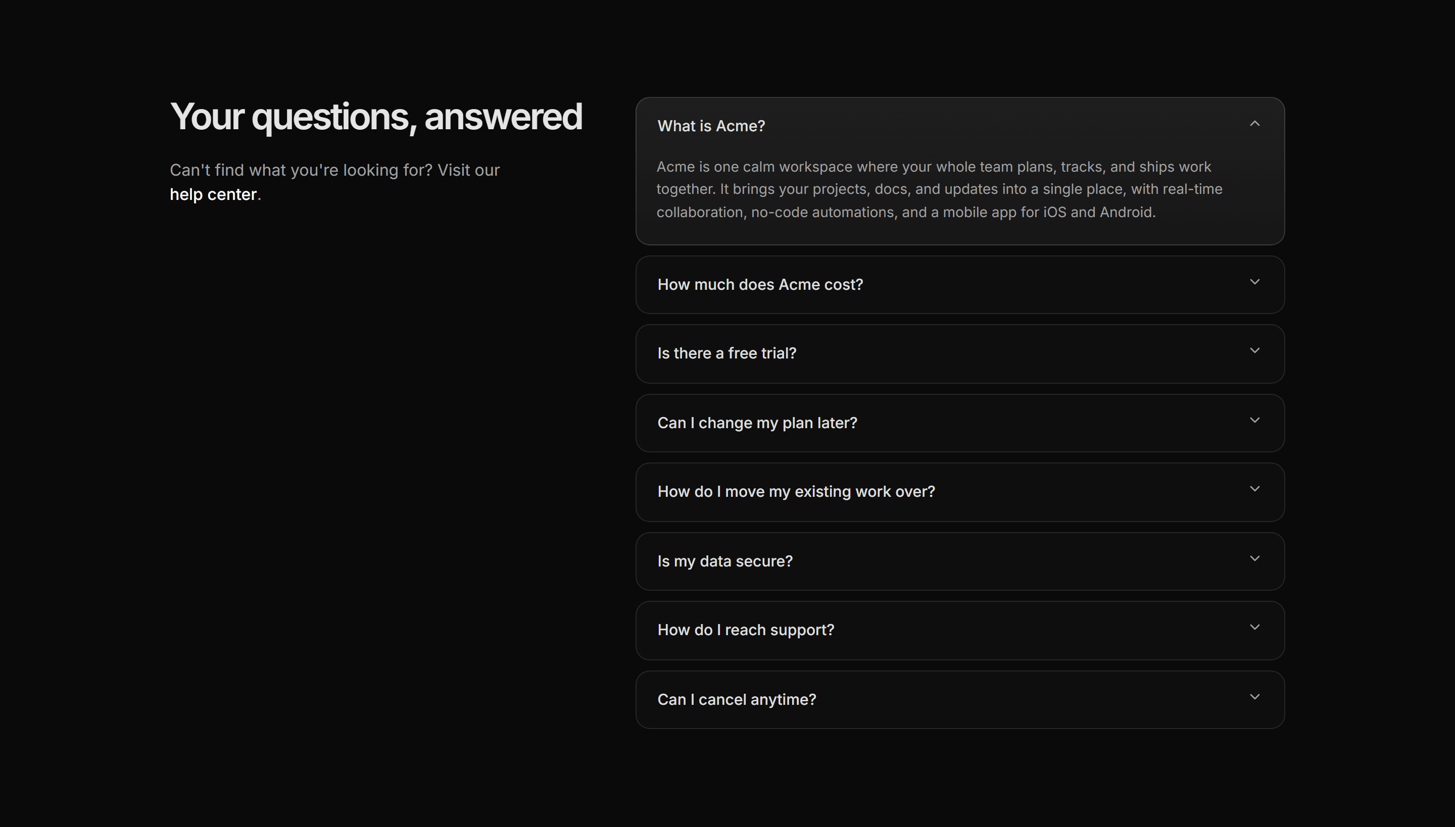 Modern SaaS FAQ: Split With Aside