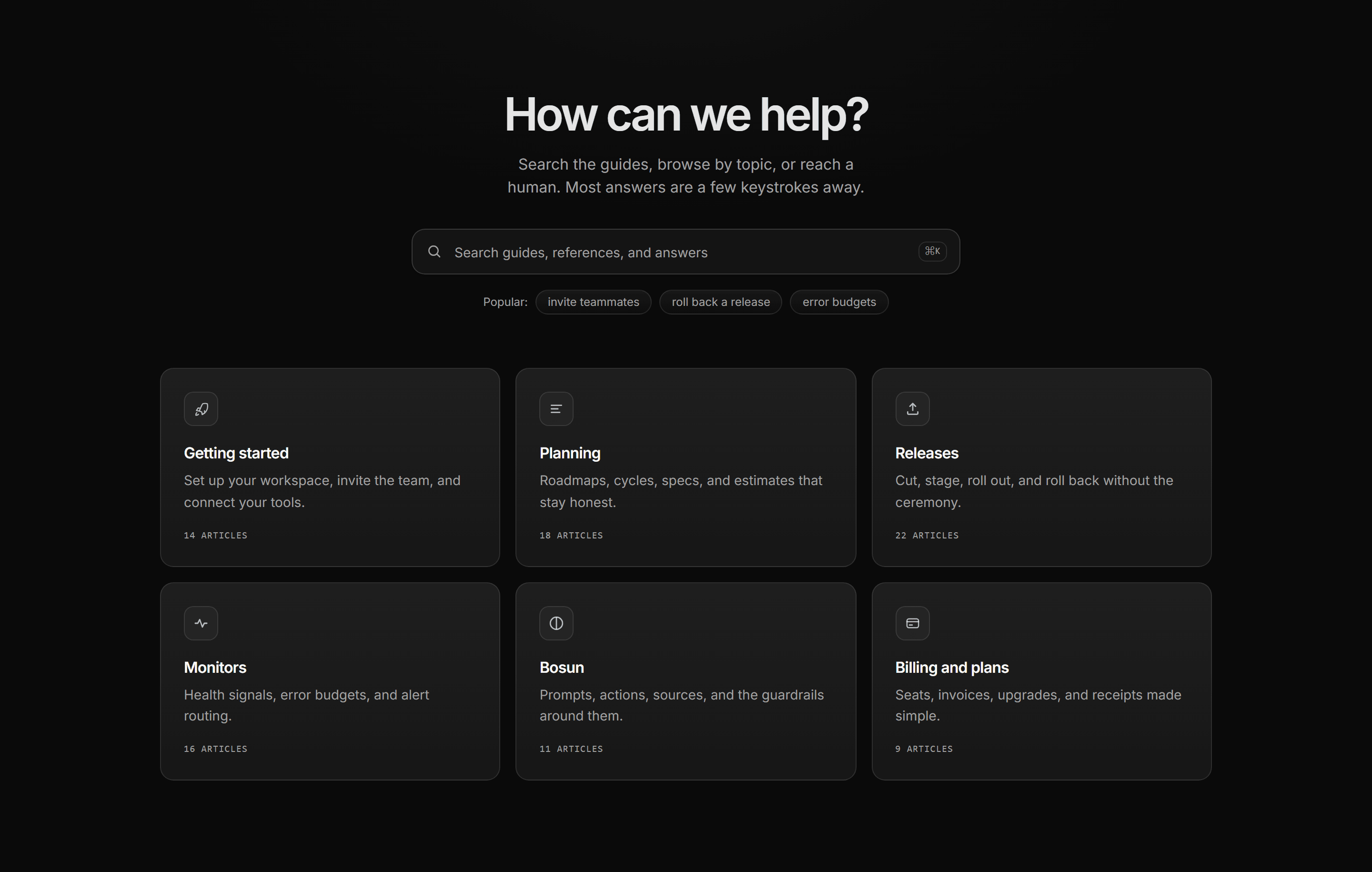 Modern SaaS Help Center: Search Hero Topic Grid