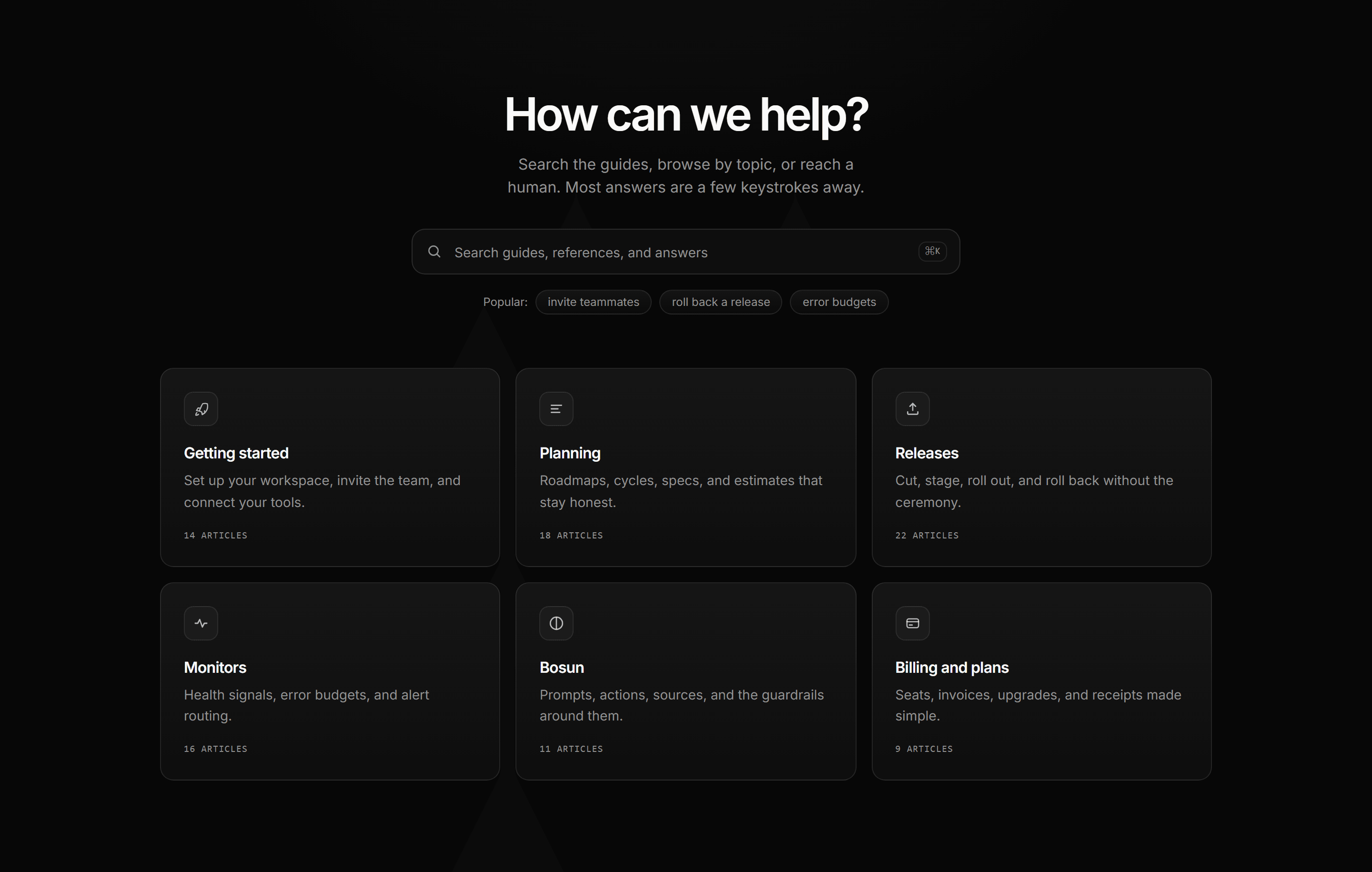 Modern SaaS Help Center: Search Hero Topic Grid