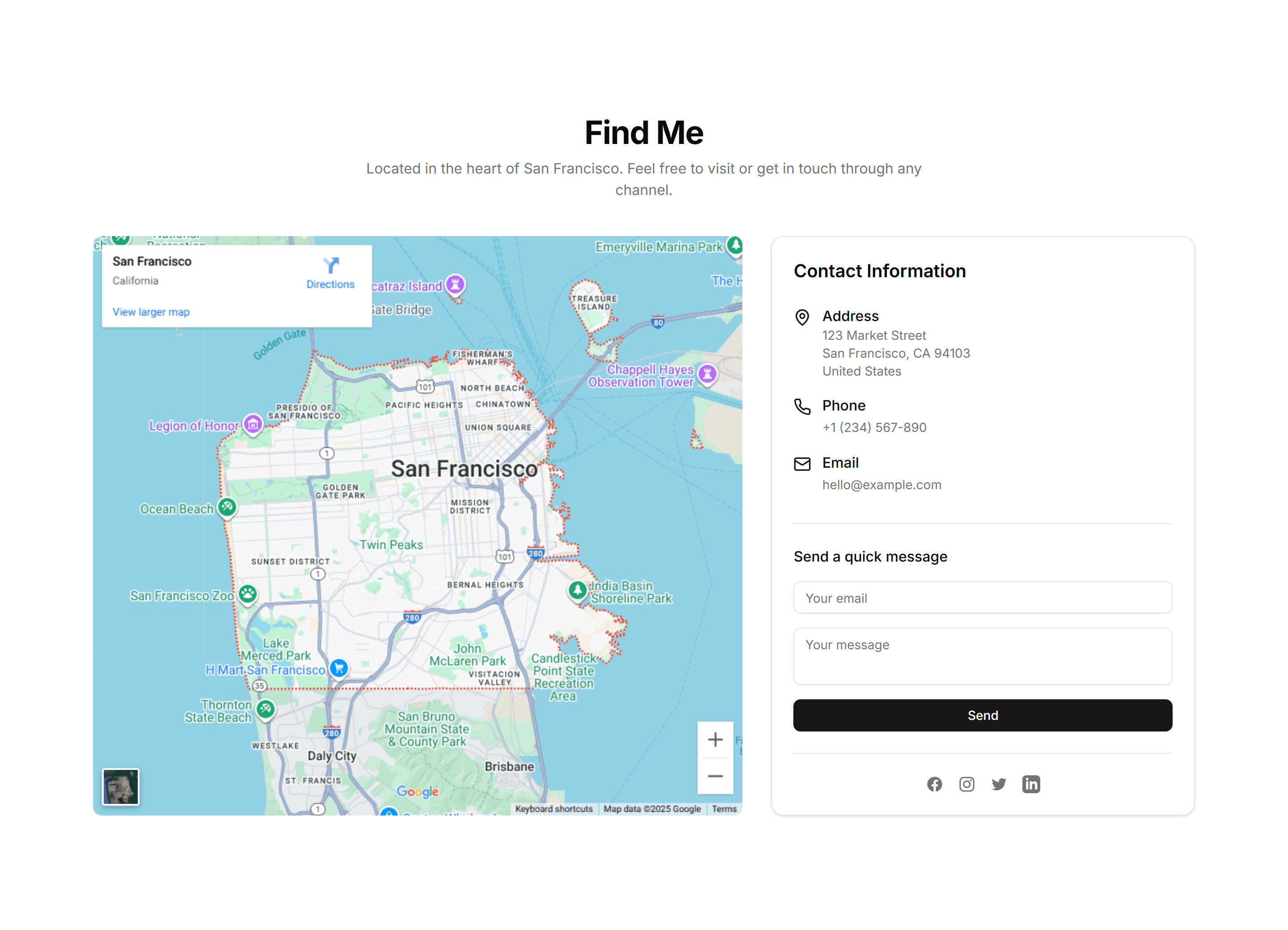 Portfolio Contact Section: Map With Contact Info