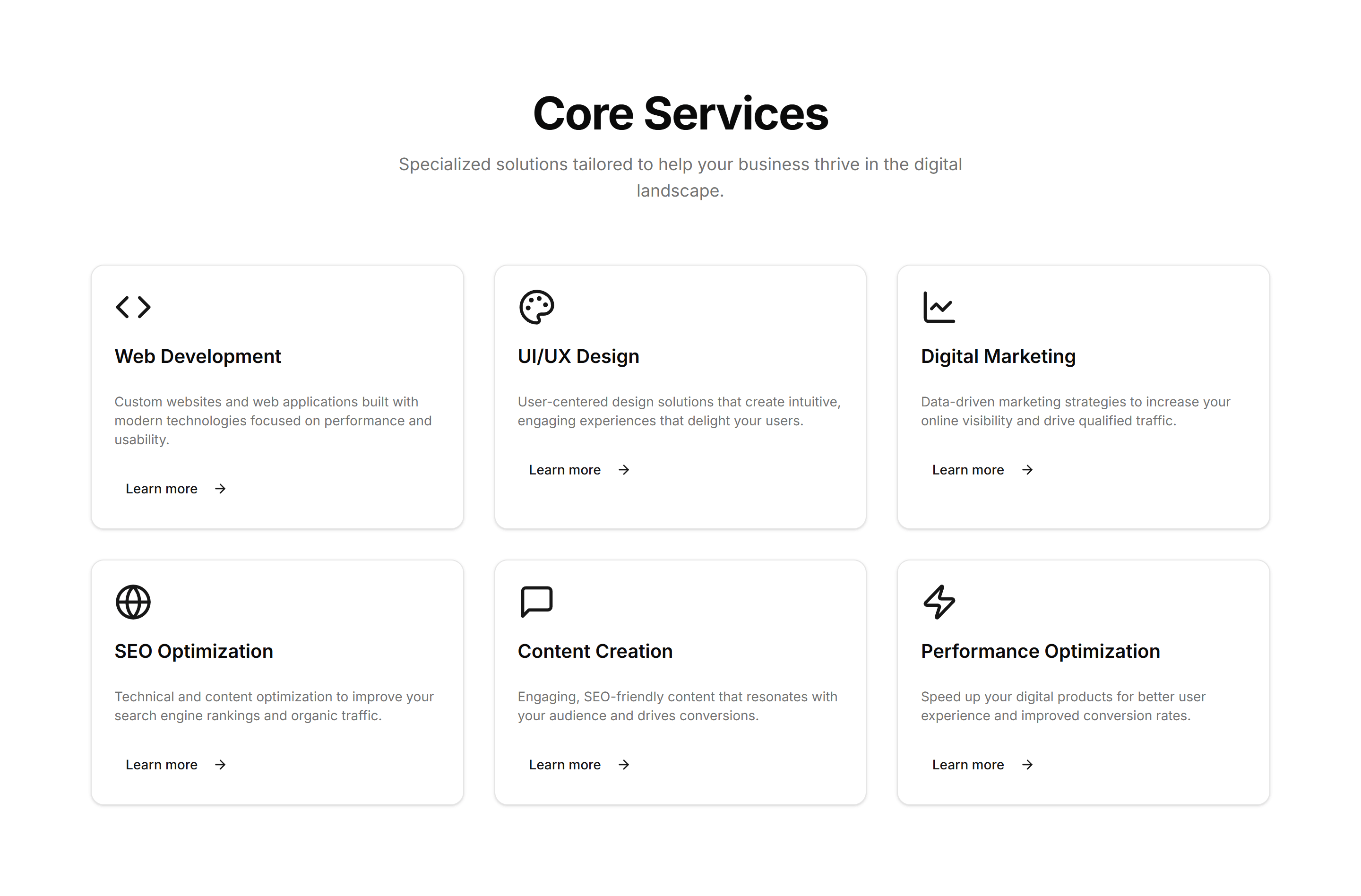 Portfolio Core Services Overview: Service Cards Grid