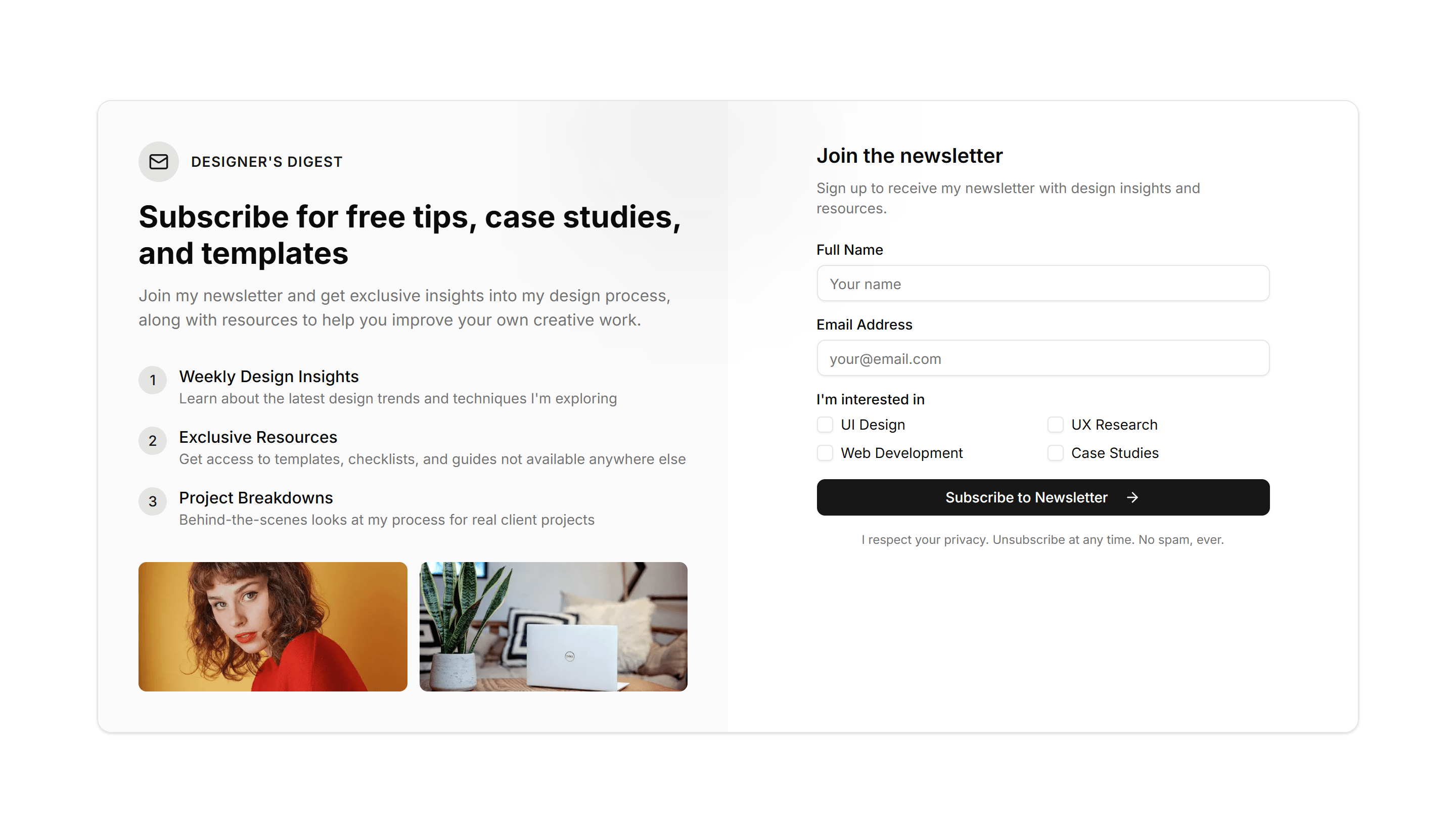 Portfolio Email Signup And Newsletter: Split Section Signup
