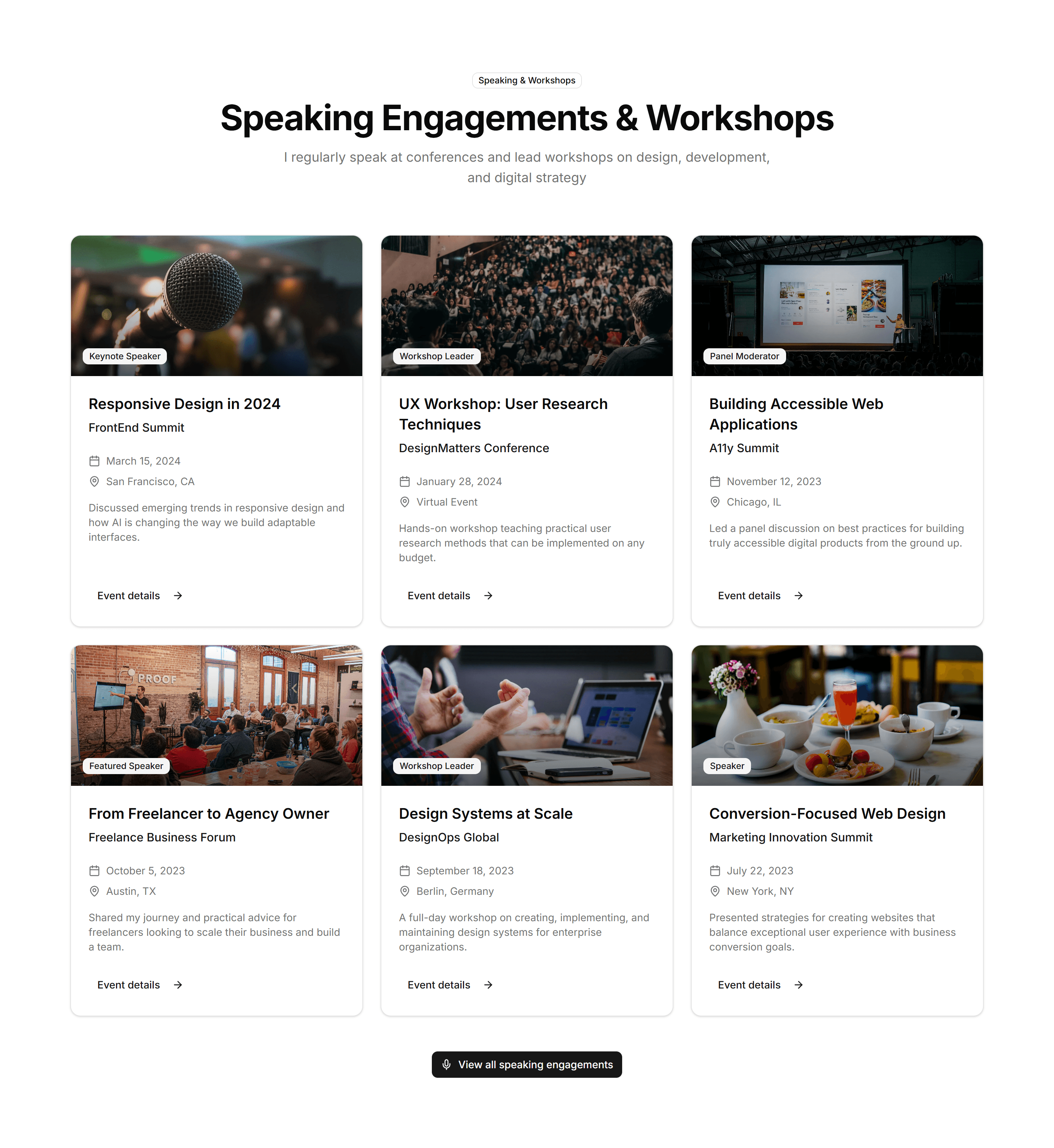 Portfolio Event Speaking And Workshop: Event Cards Grid