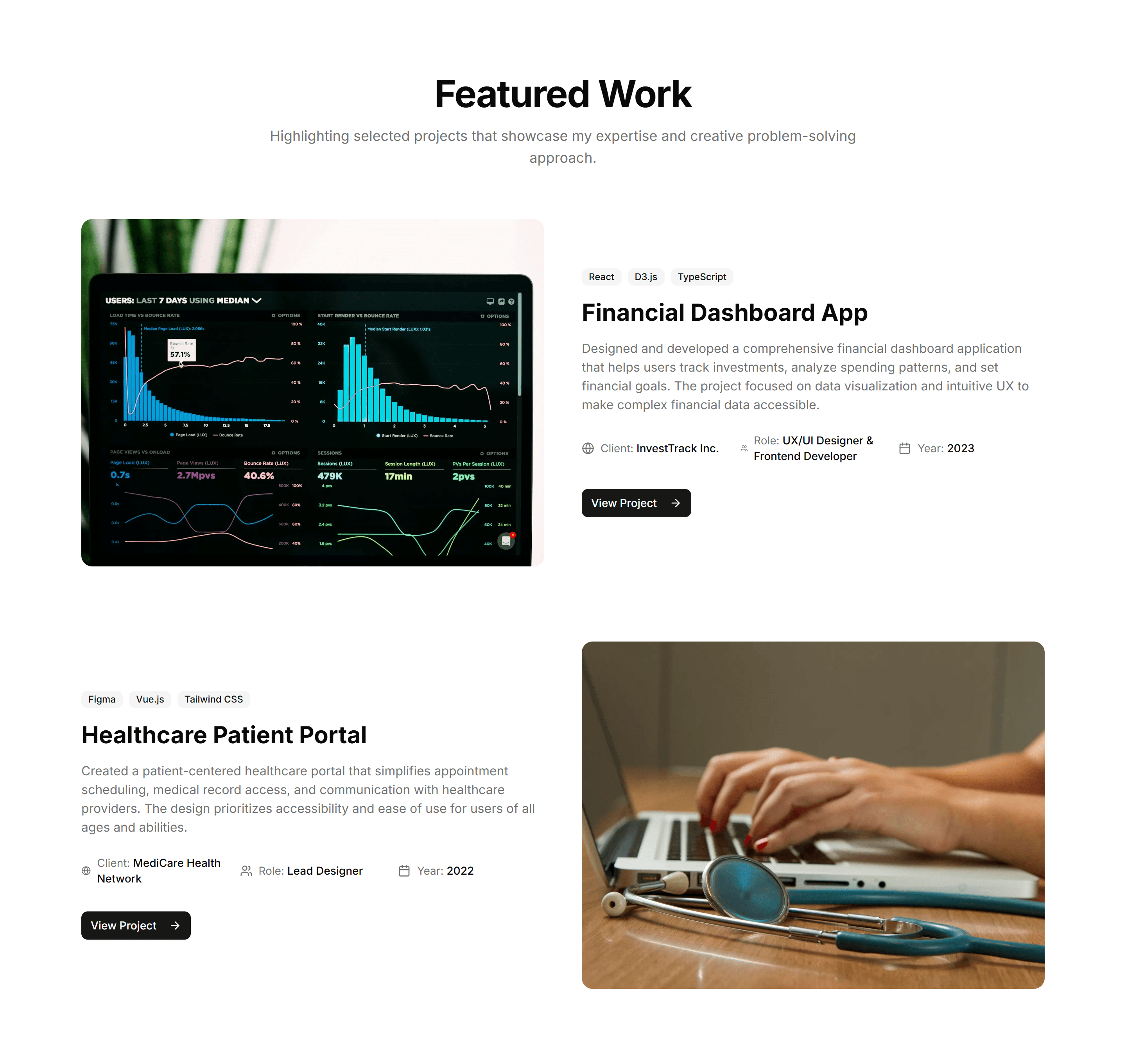 Portfolio Featured Work Highlight: Split Image And Details Layout
