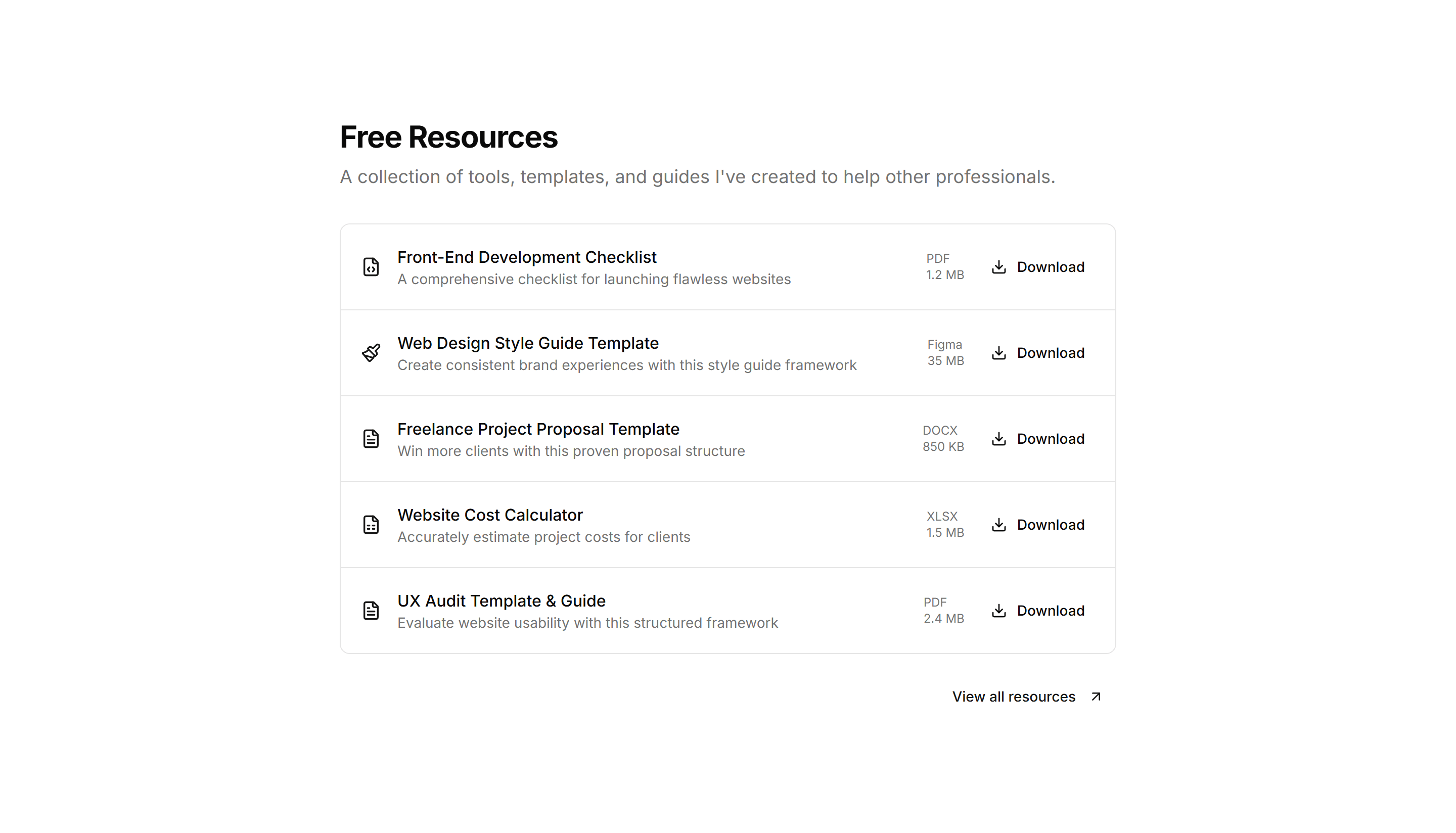 Portfolio Resource Download Section: Minimalist Resource List