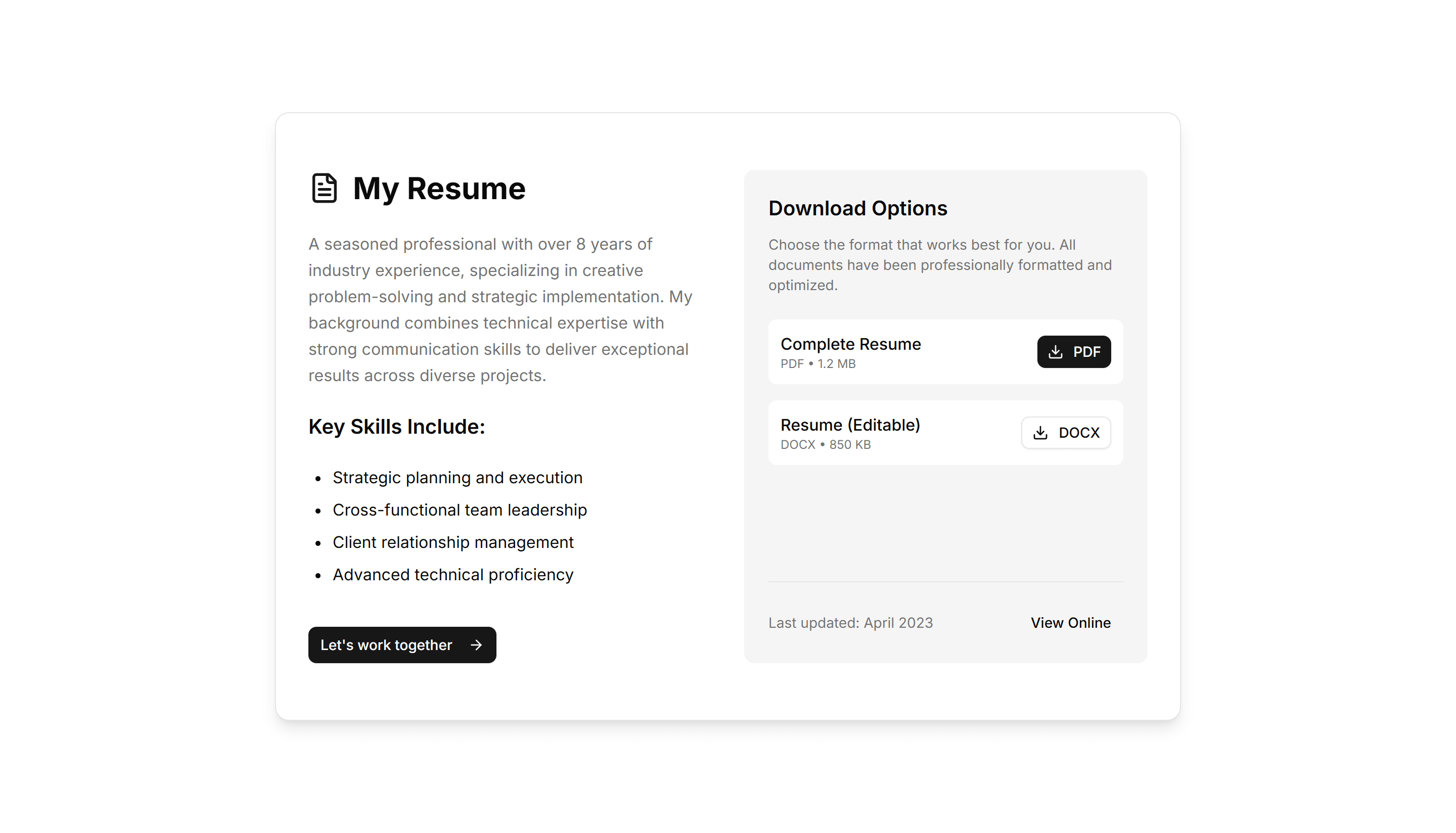Portfolio Resume And Download: Resume With Short Bio CTA