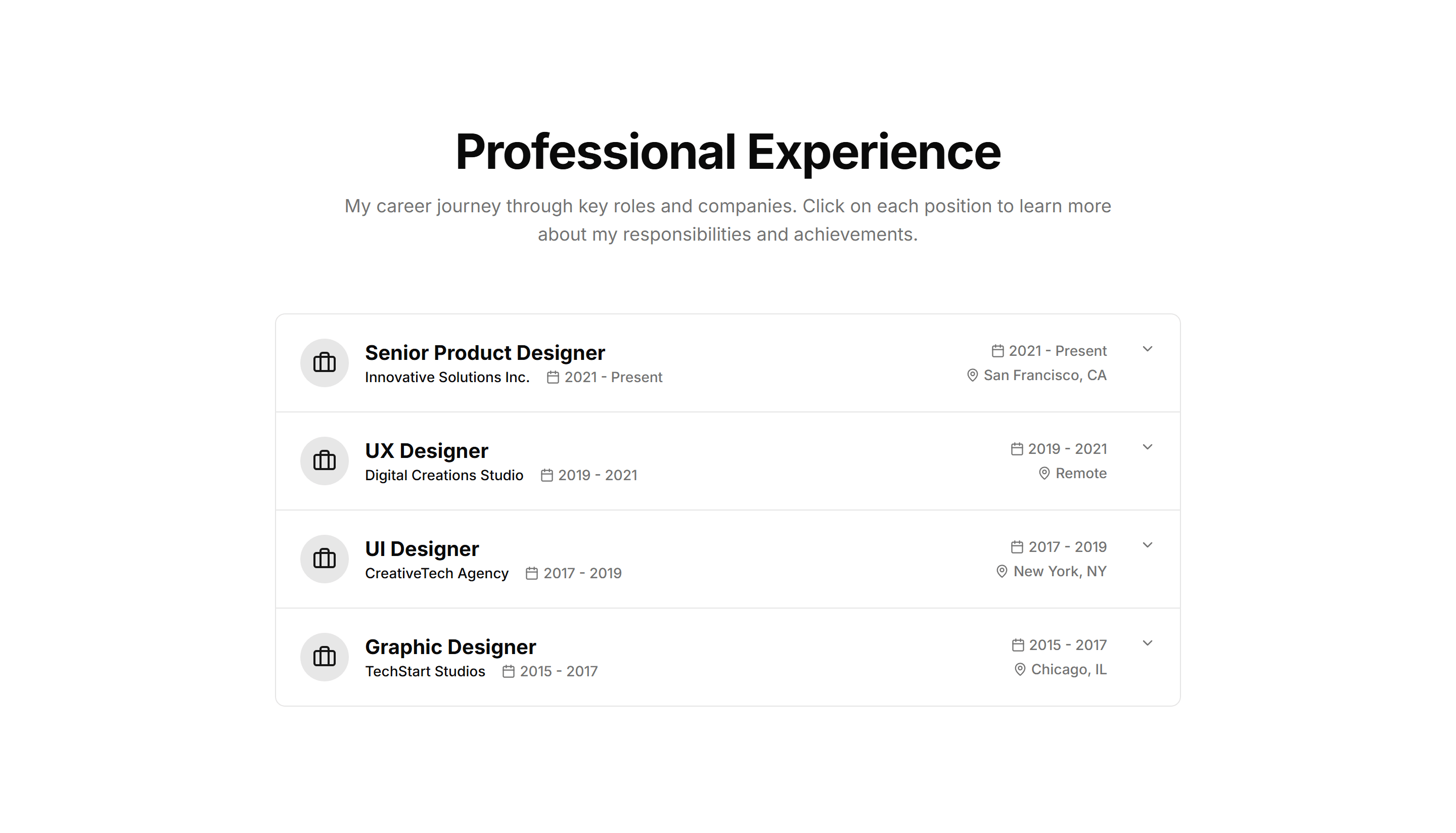 Portfolio Work Experience Card: Accordion Experience Cards