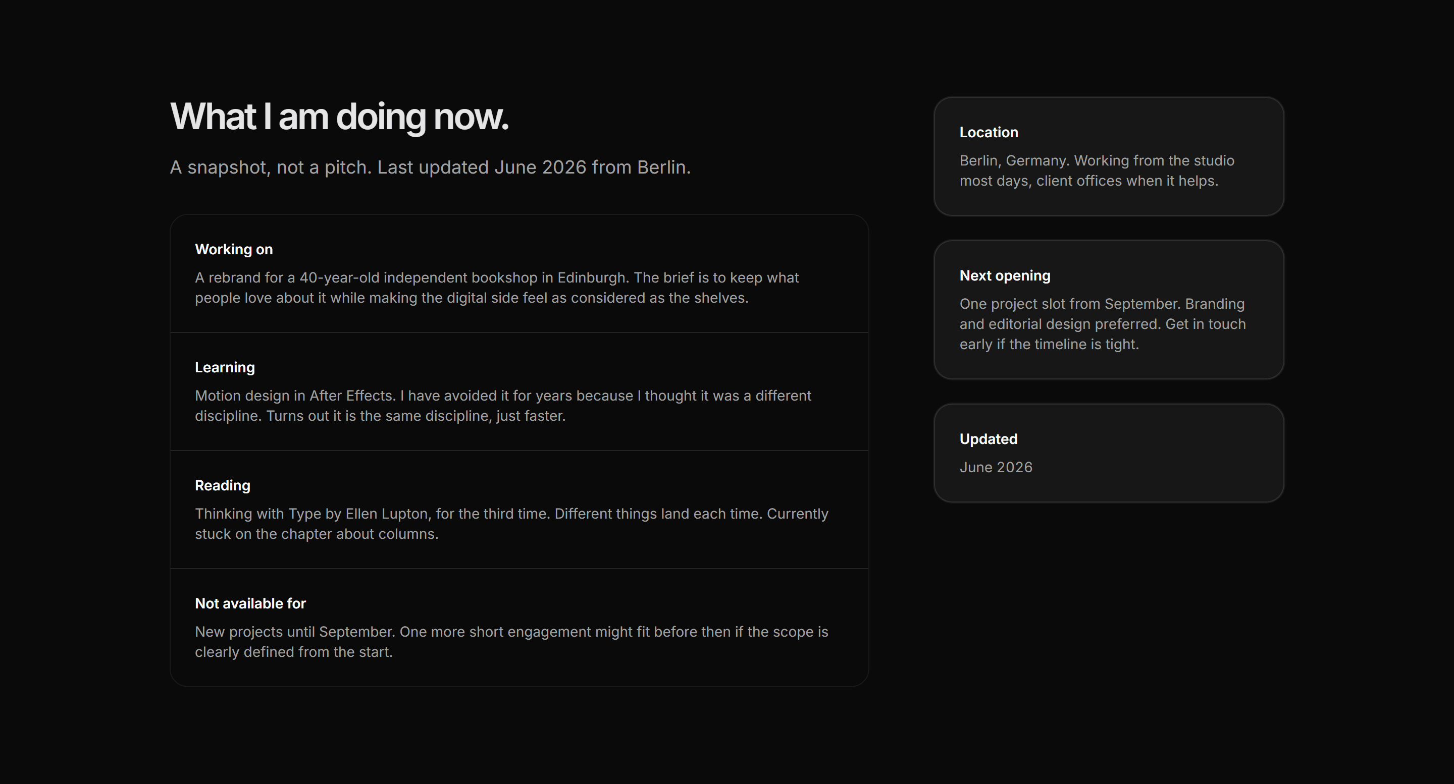 Portfolio About: Now Page About