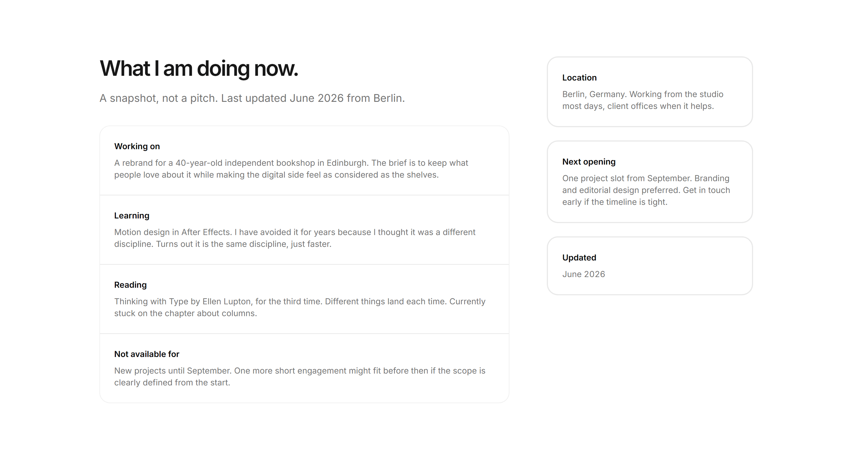 Portfolio About: Now Page About
