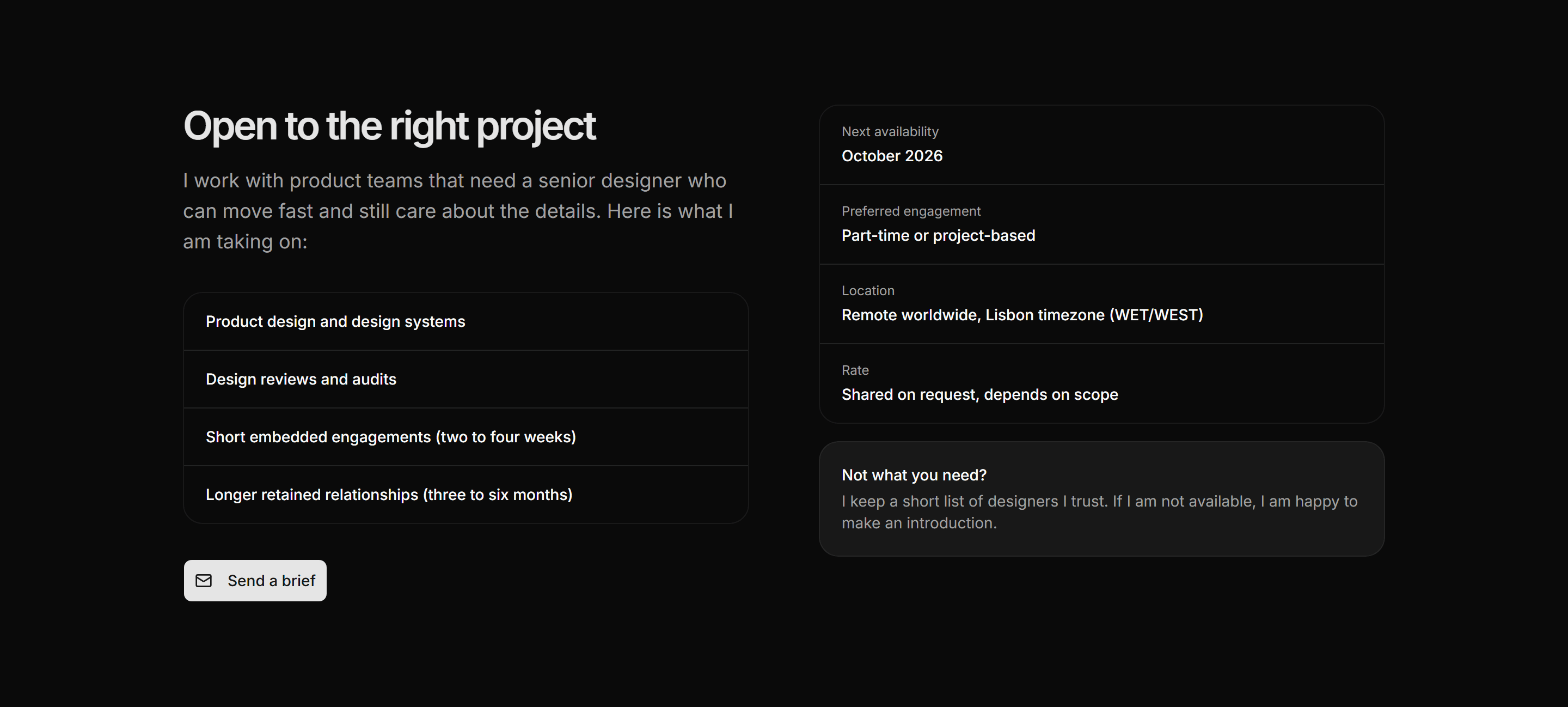 Portfolio Availability and Hire: Hire Me Card