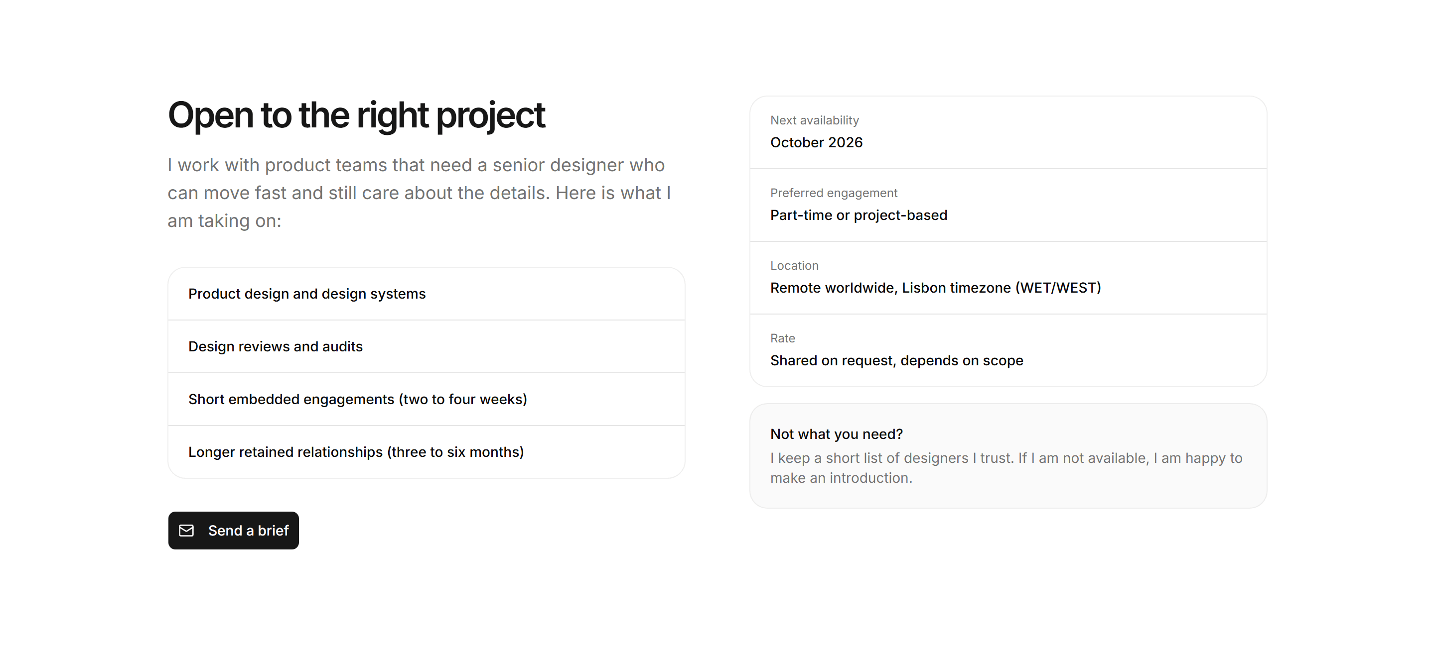 Portfolio Availability and Hire: Hire Me Card