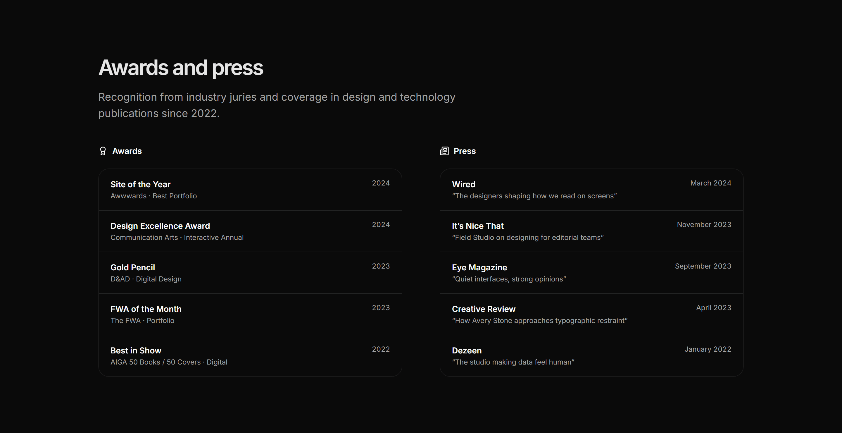 Portfolio Awards and Recognition: Awards And Press