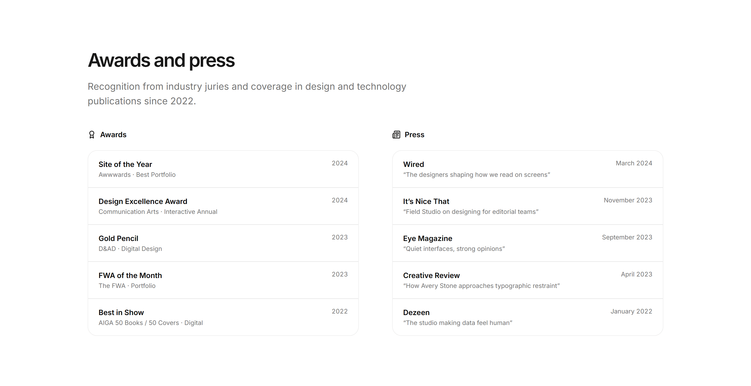 Portfolio Awards and Recognition: Awards And Press