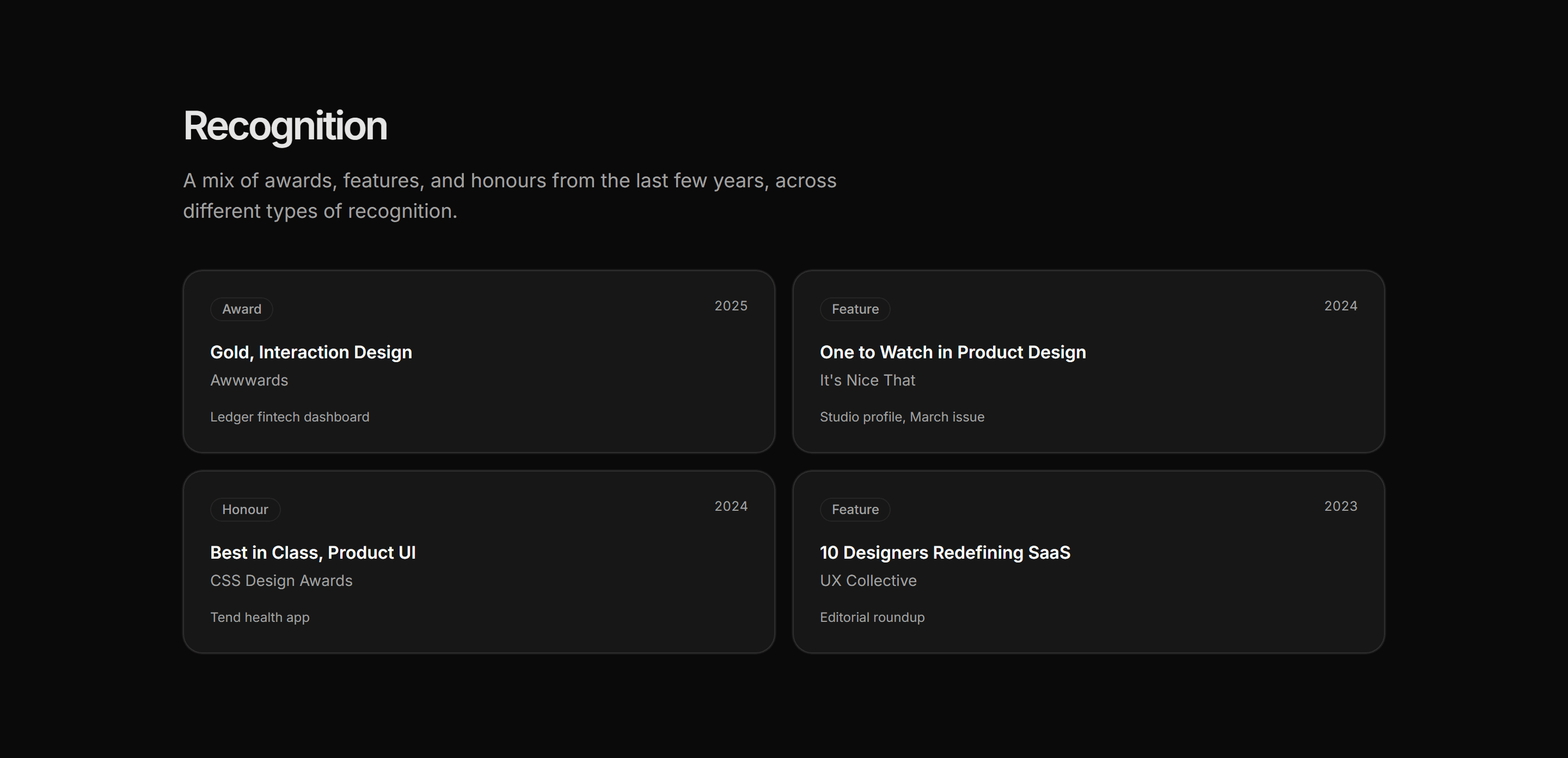 Portfolio Awards and Recognition: Recognition Grid