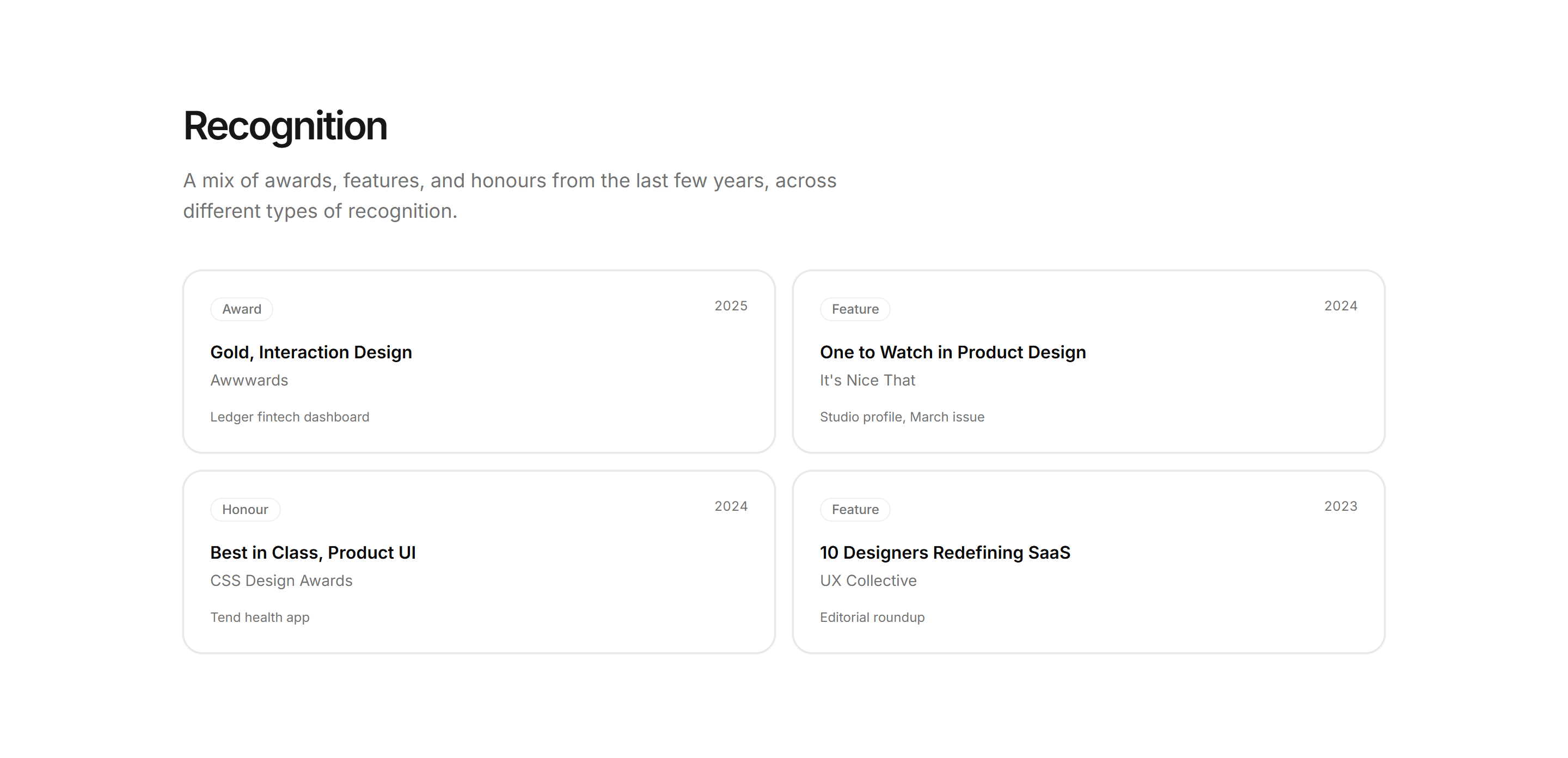 Portfolio Awards and Recognition: Recognition Grid
