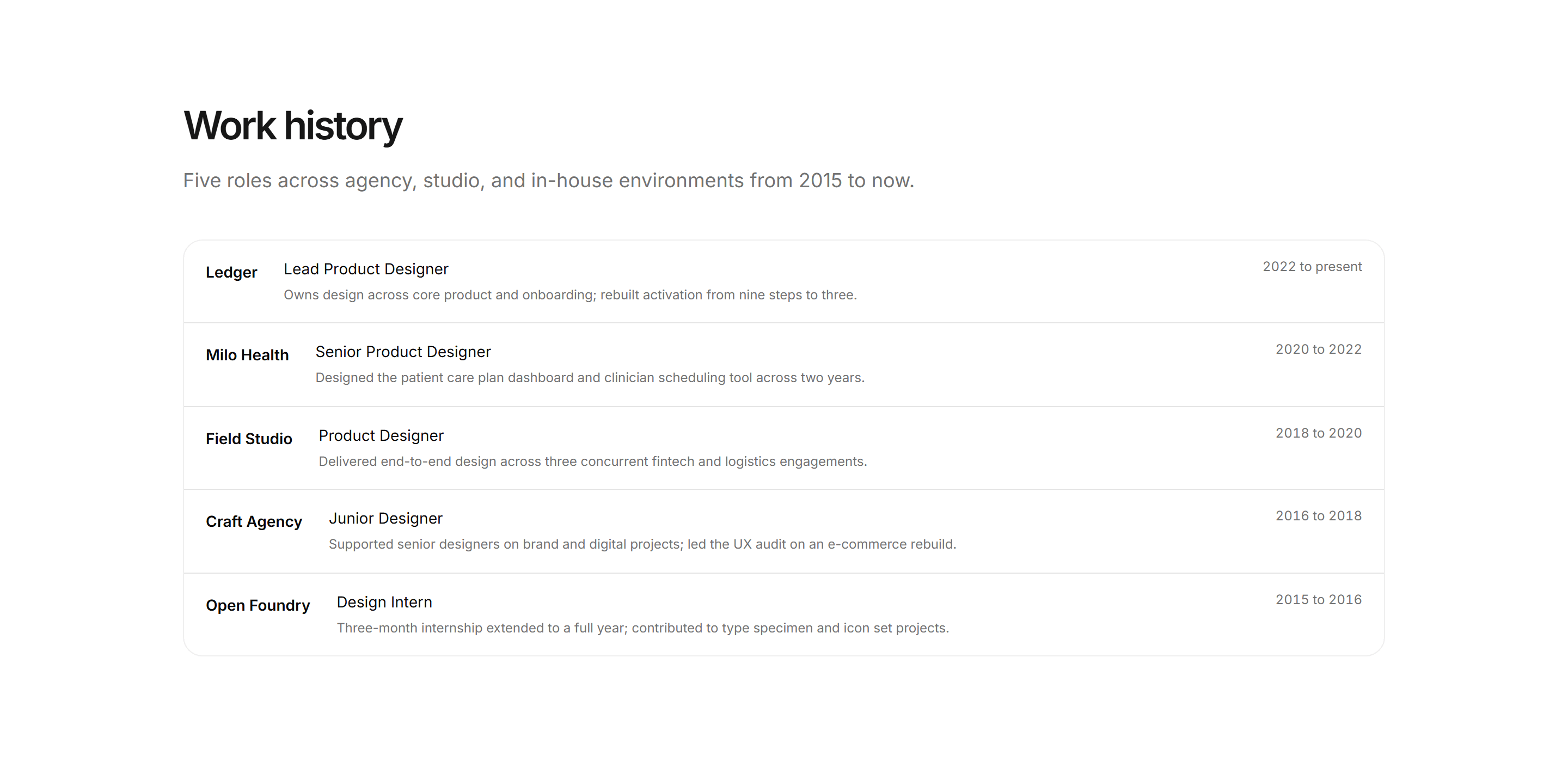 Portfolio Experience: Work History