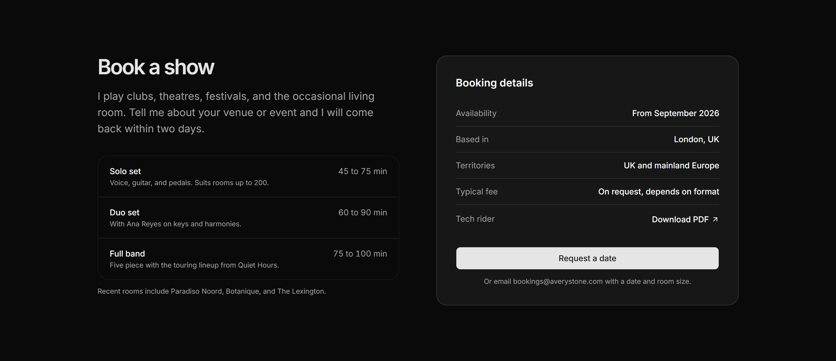 Portfolio Music and Audio: Booking Panel