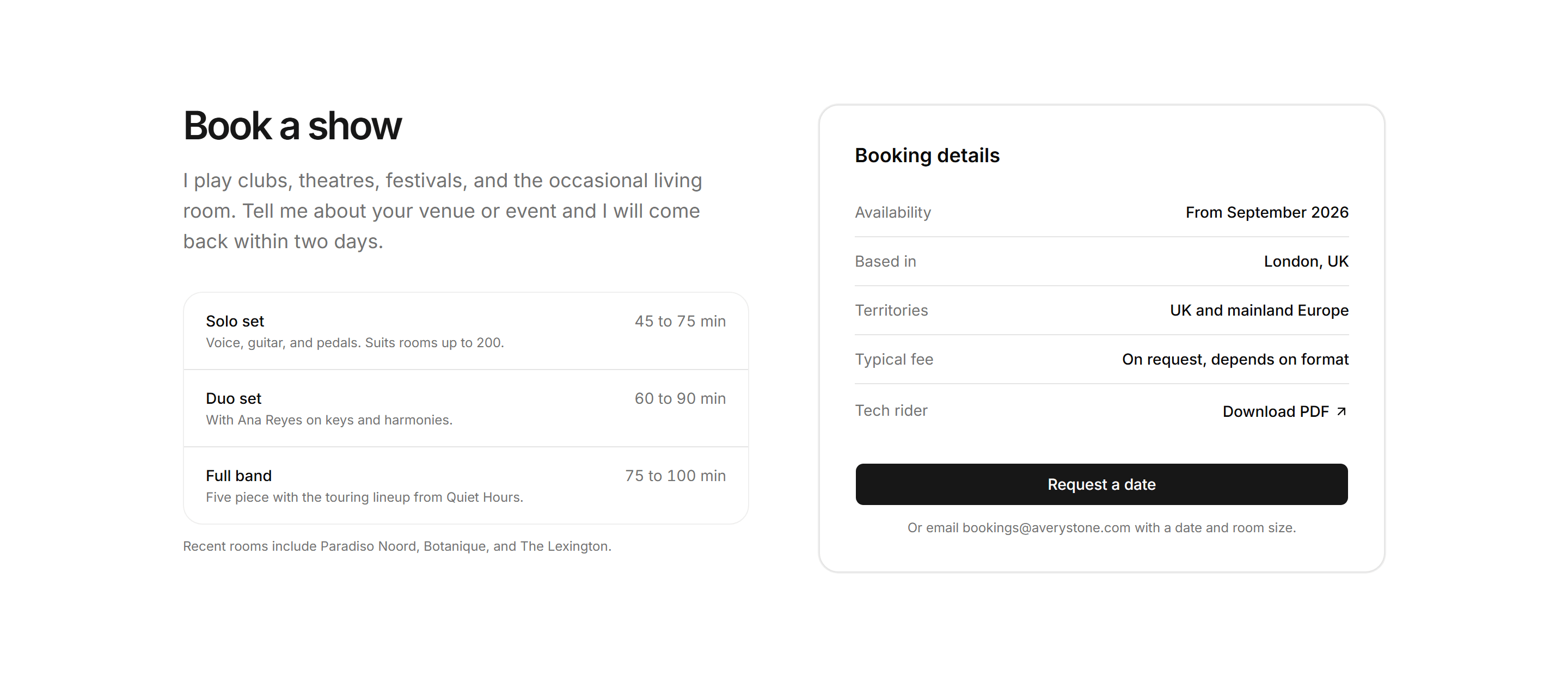 Portfolio Music and Audio: Booking Panel