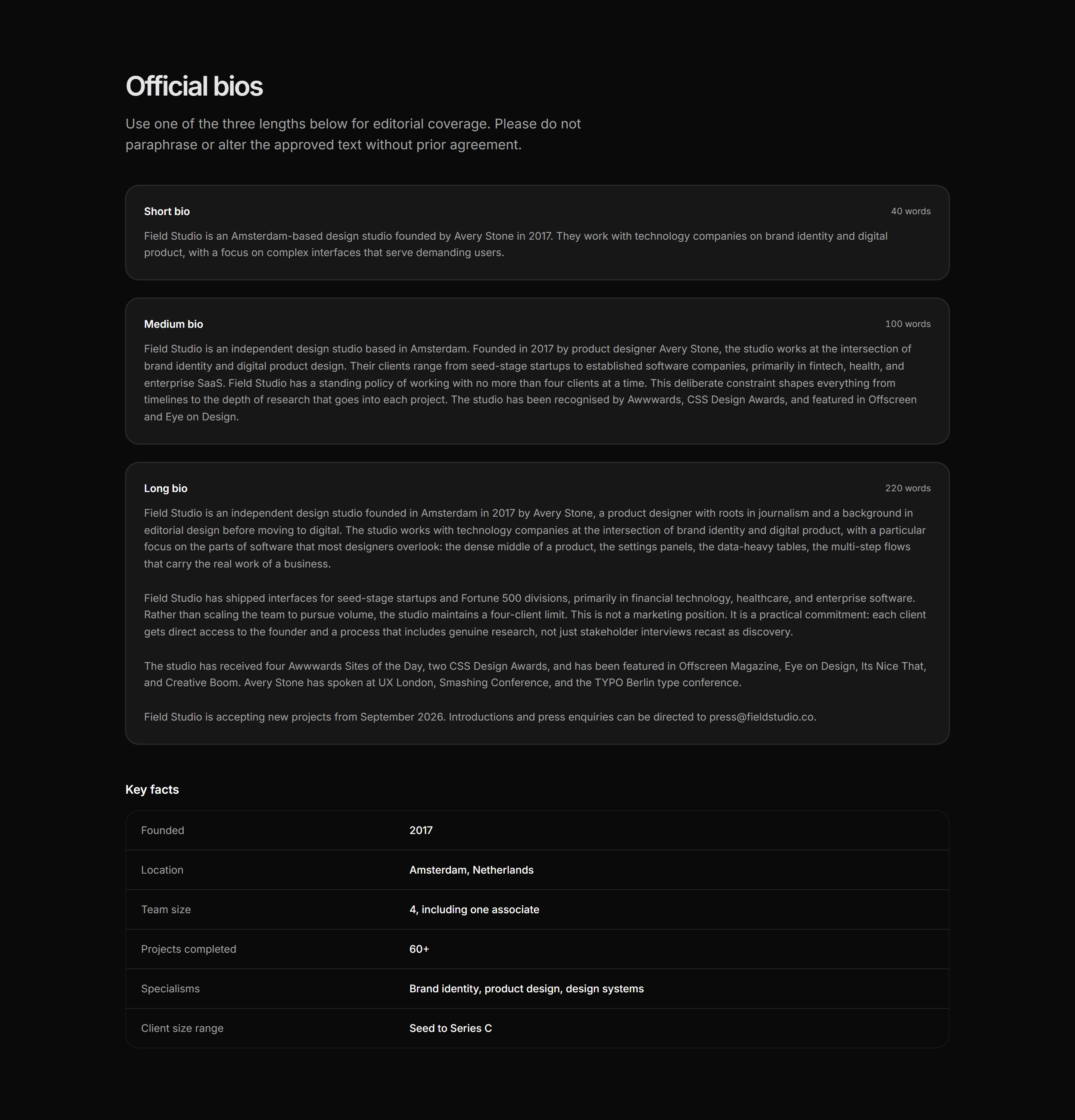 Portfolio Press Kit: Brand Bio