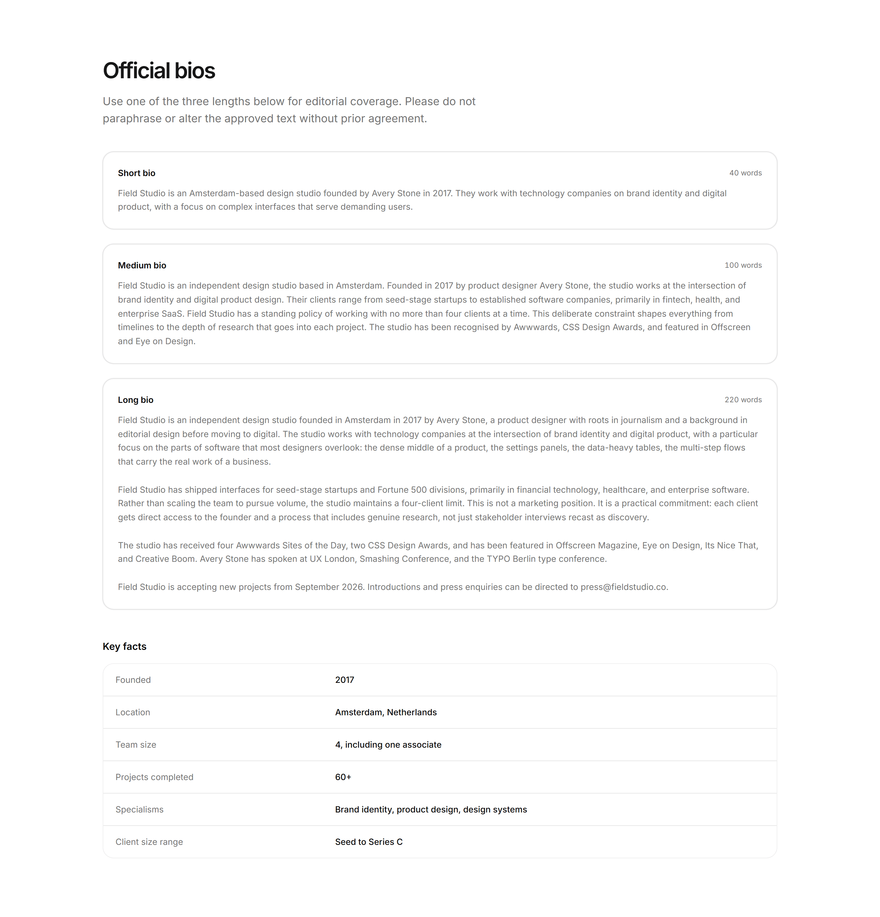 Portfolio Press Kit: Brand Bio