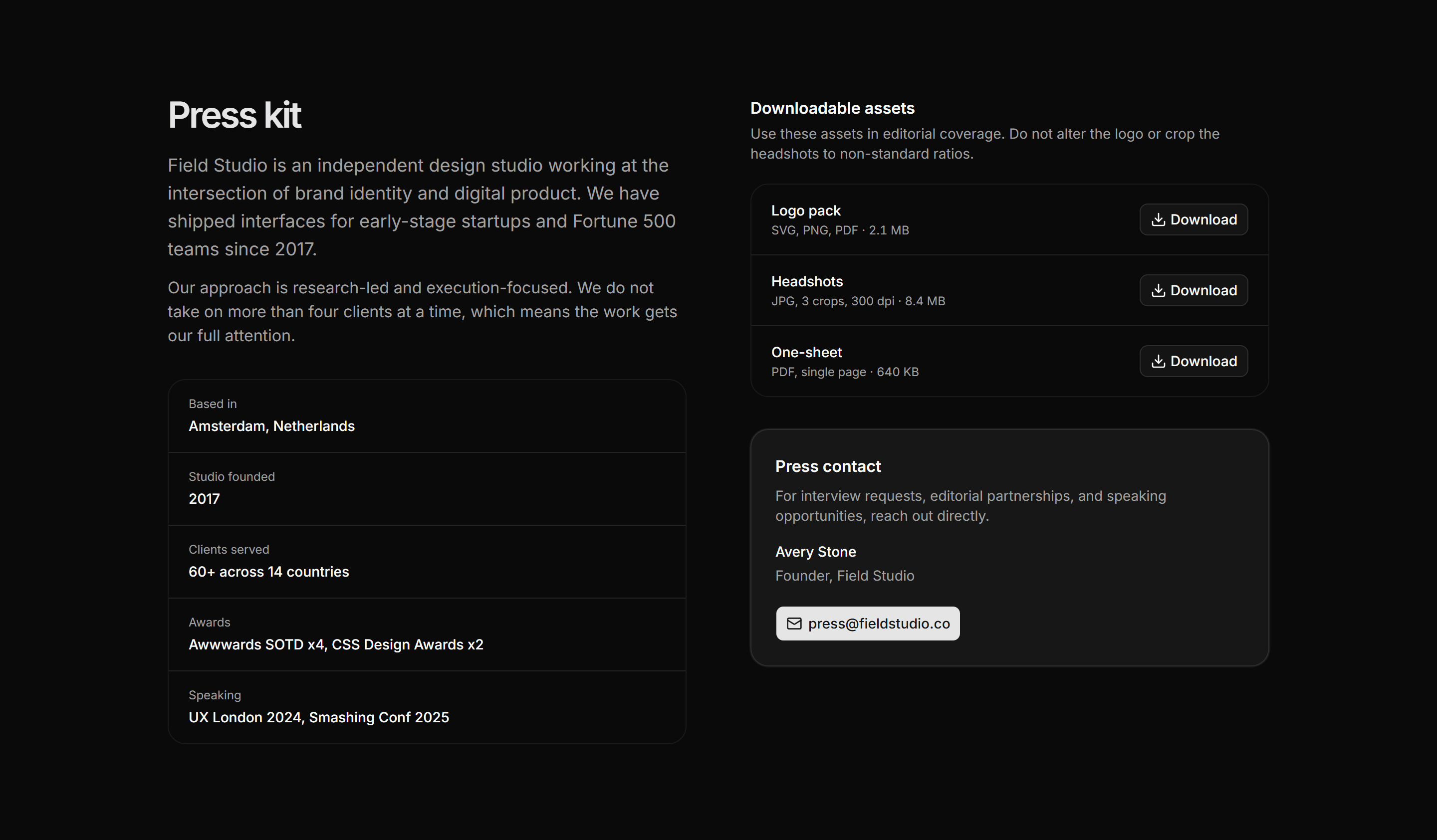 Portfolio Press Kit: Press Kit Page