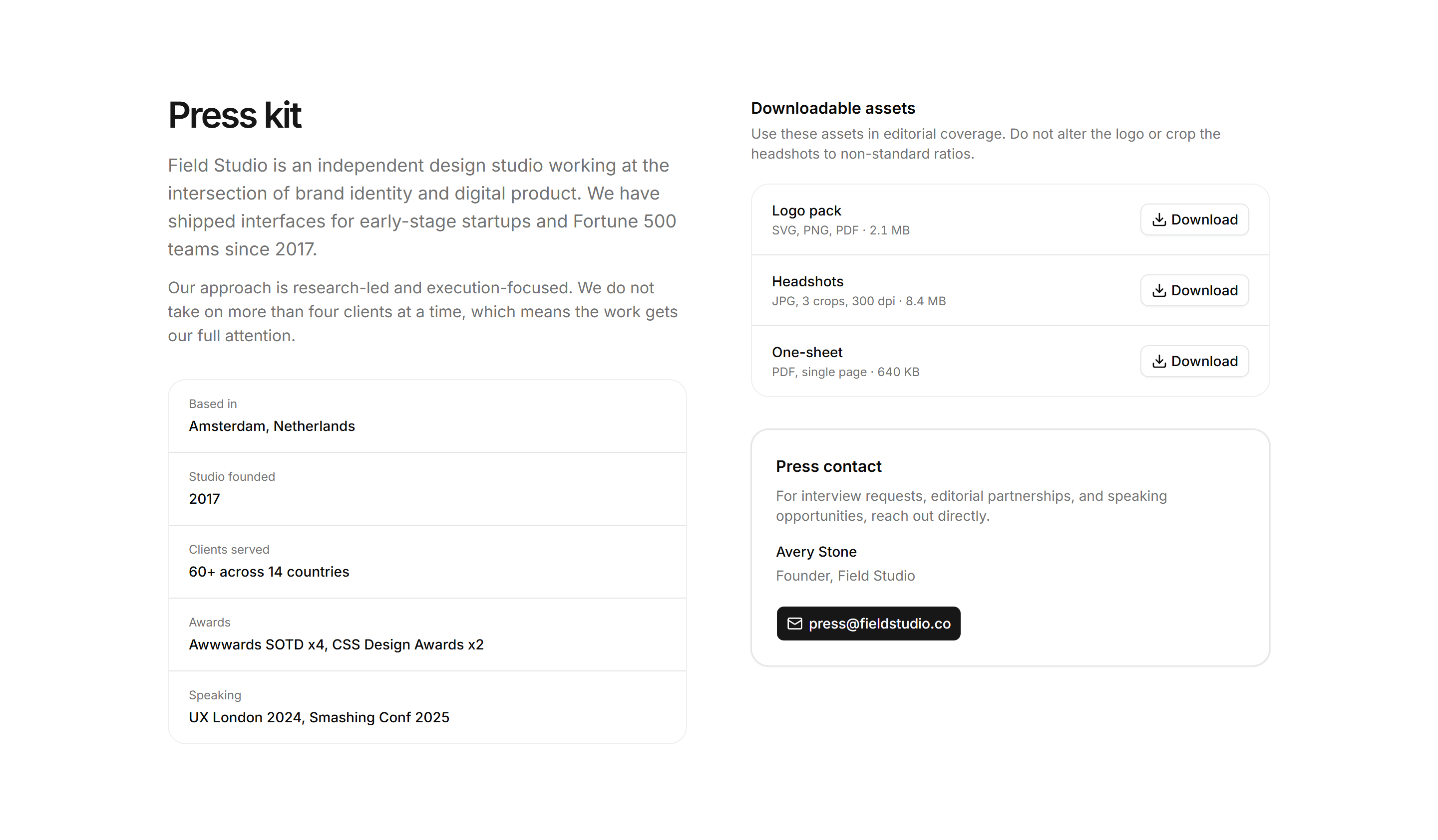 Portfolio Press Kit: Press Kit Page