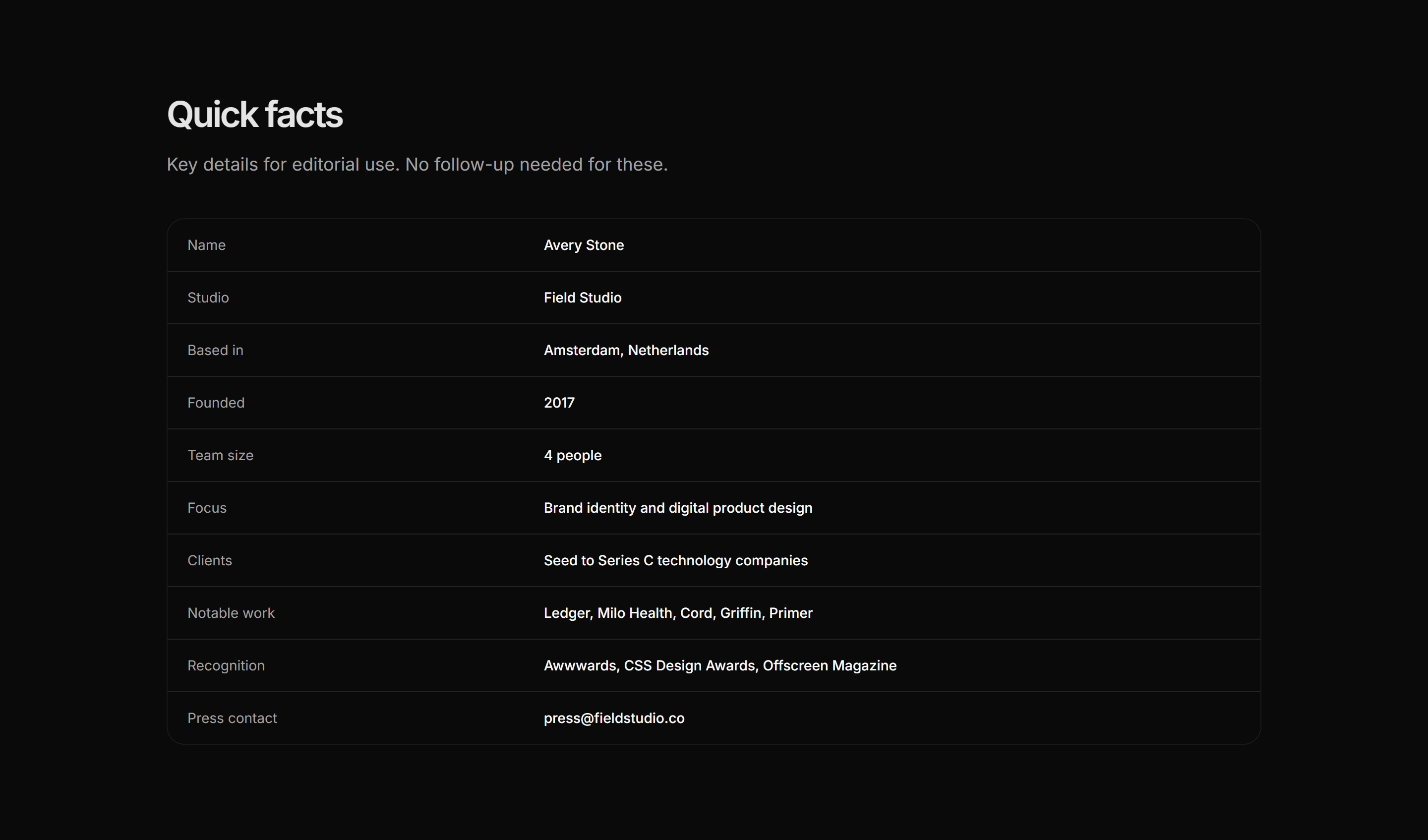 Portfolio Press Kit: Quick Facts