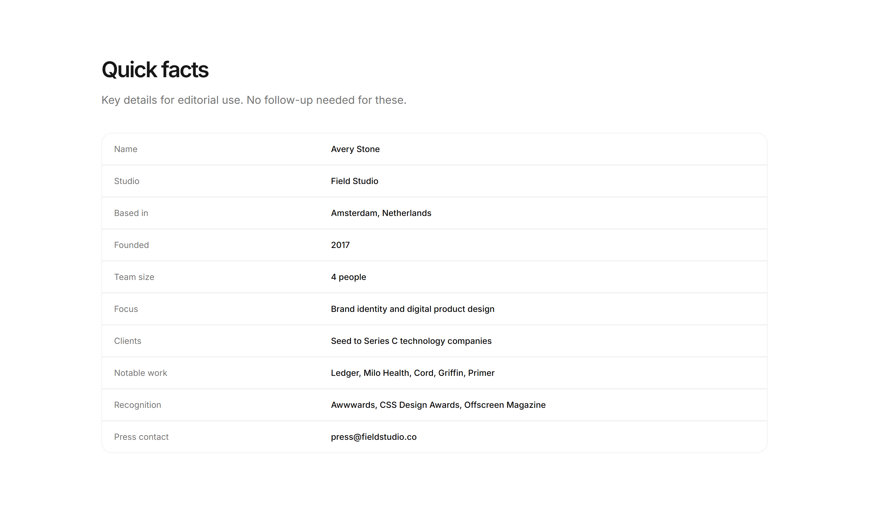Portfolio Press Kit: Quick Facts
