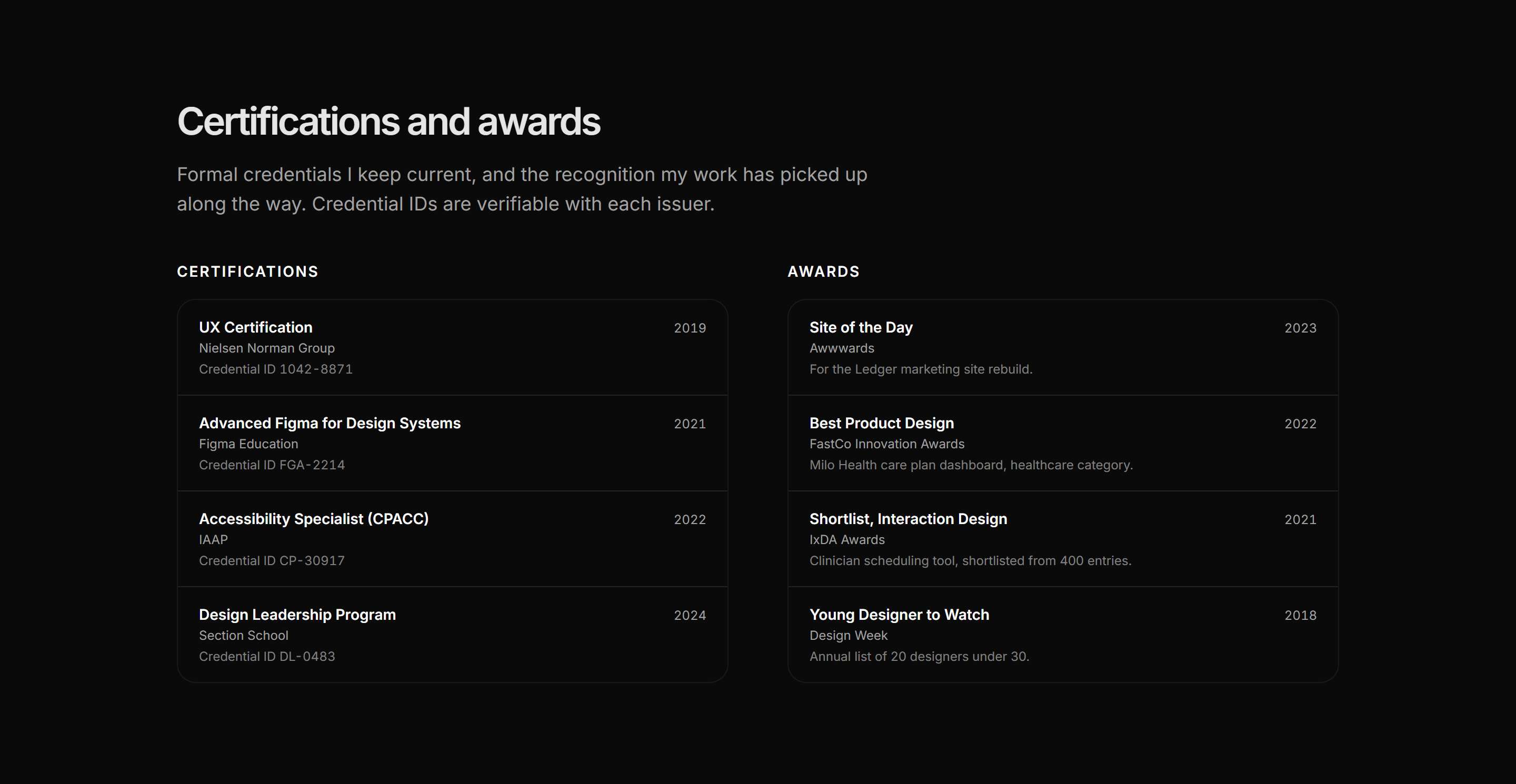 Portfolio Resume and CV: Certifications and Awards