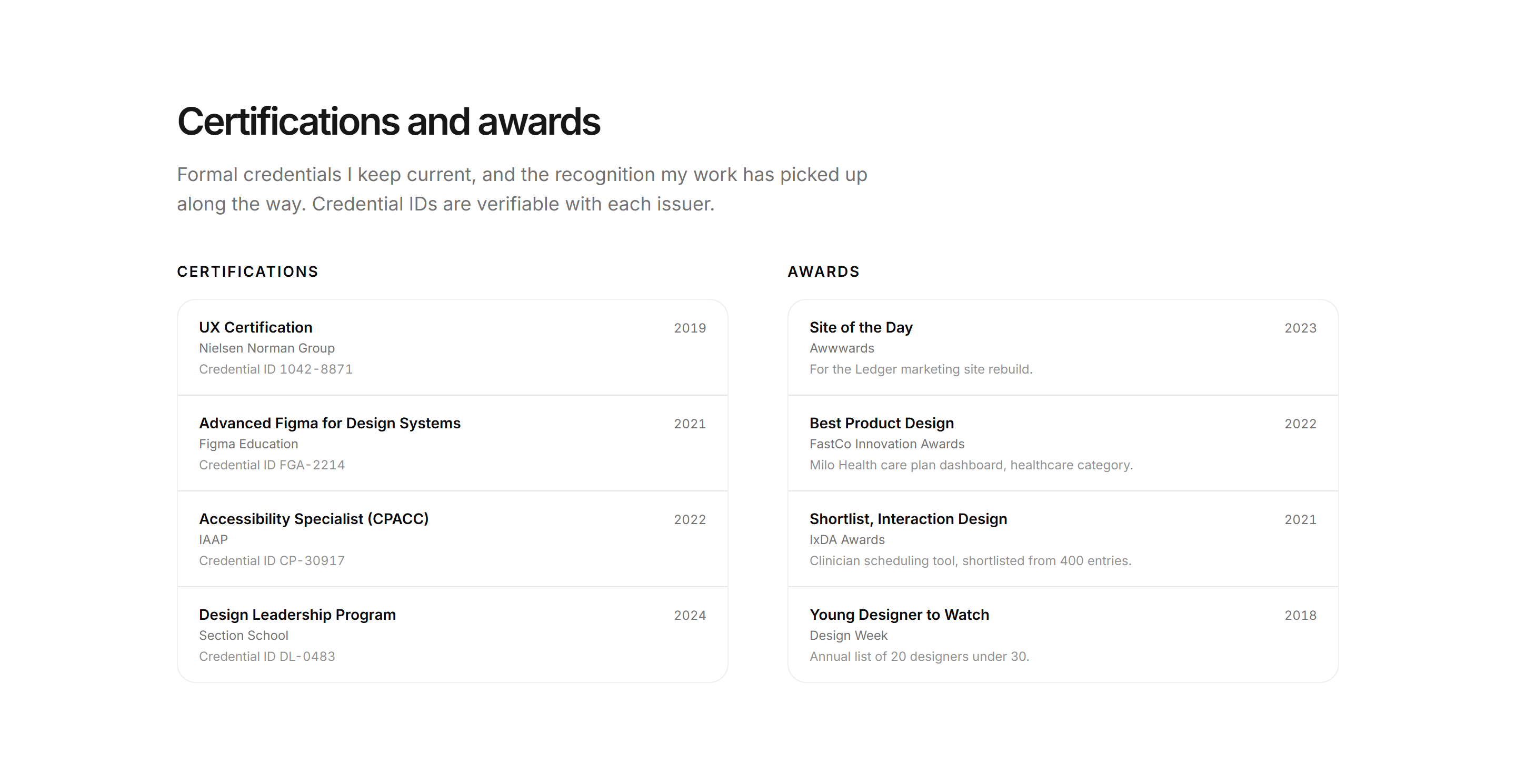Portfolio Resume and CV: Certifications and Awards