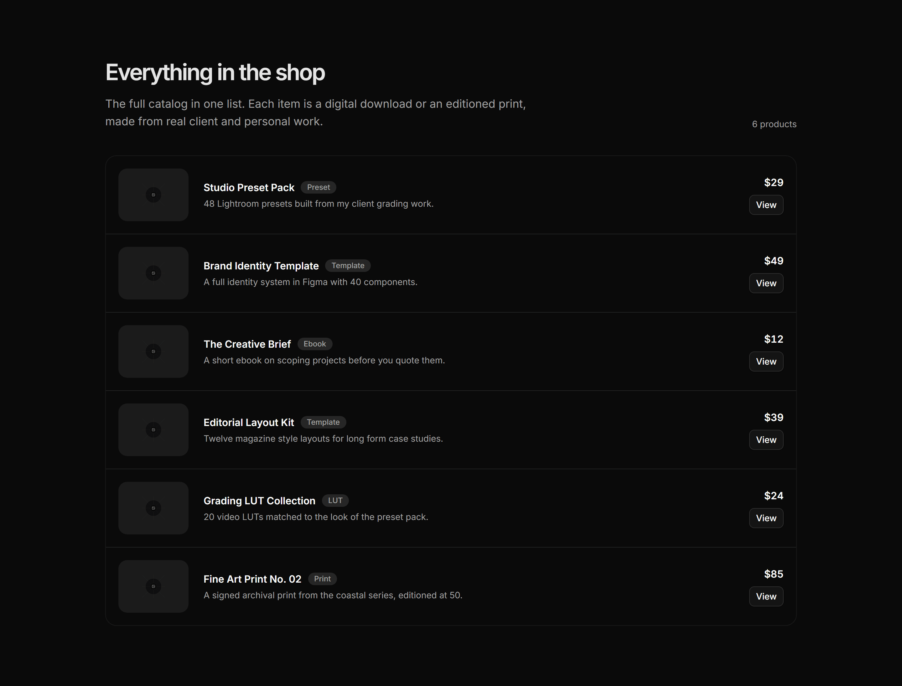 Portfolio Shop and Product: Product List