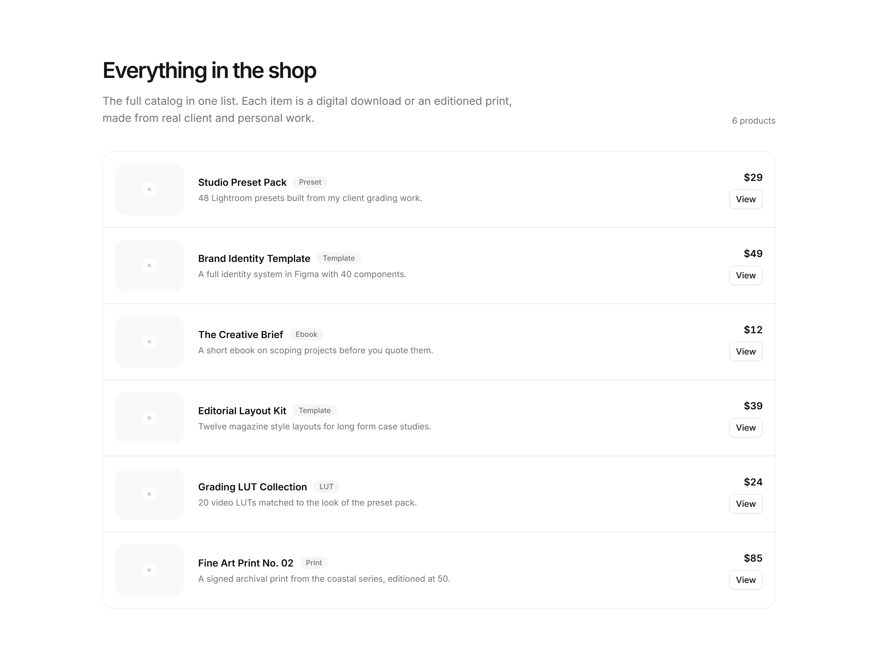 Portfolio Shop and Product: Product List