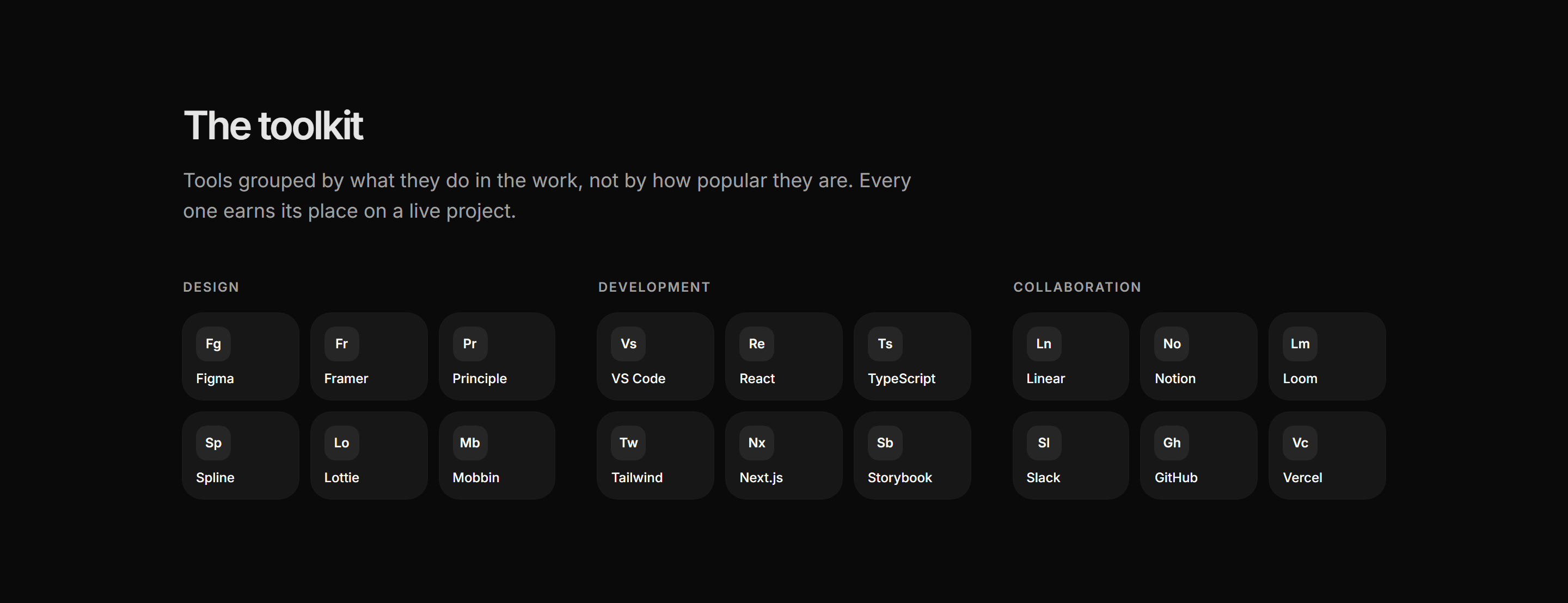 Portfolio Skills and Tool: Grouped Tool Grid