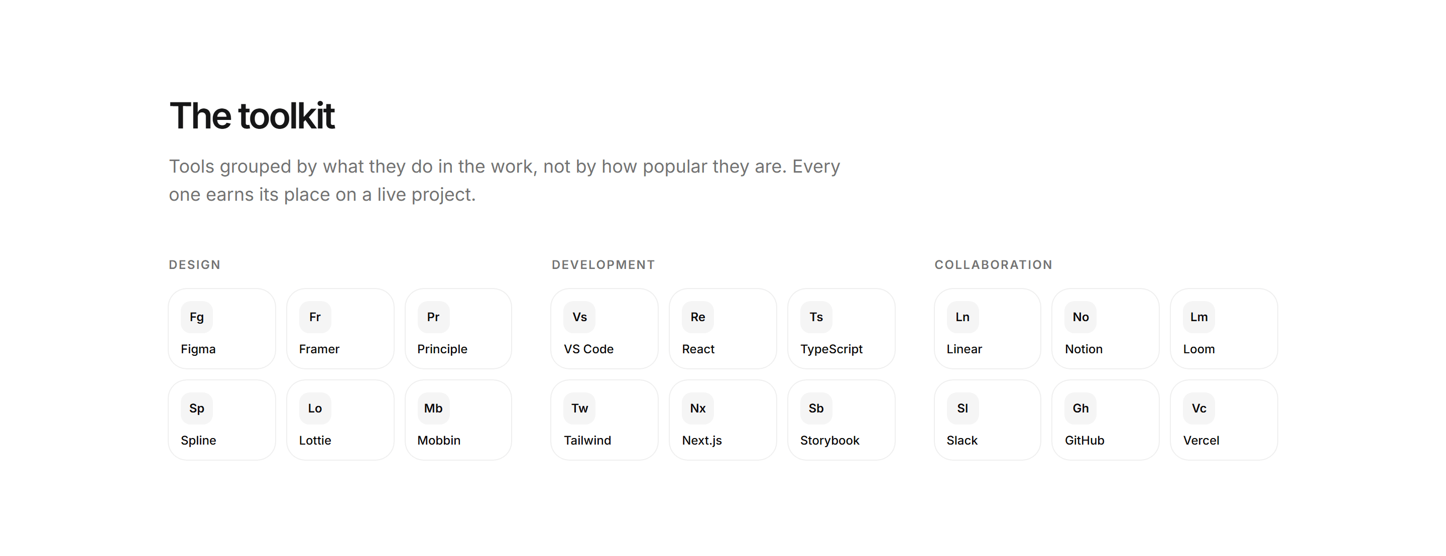 Portfolio Skills and Tool: Grouped Tool Grid