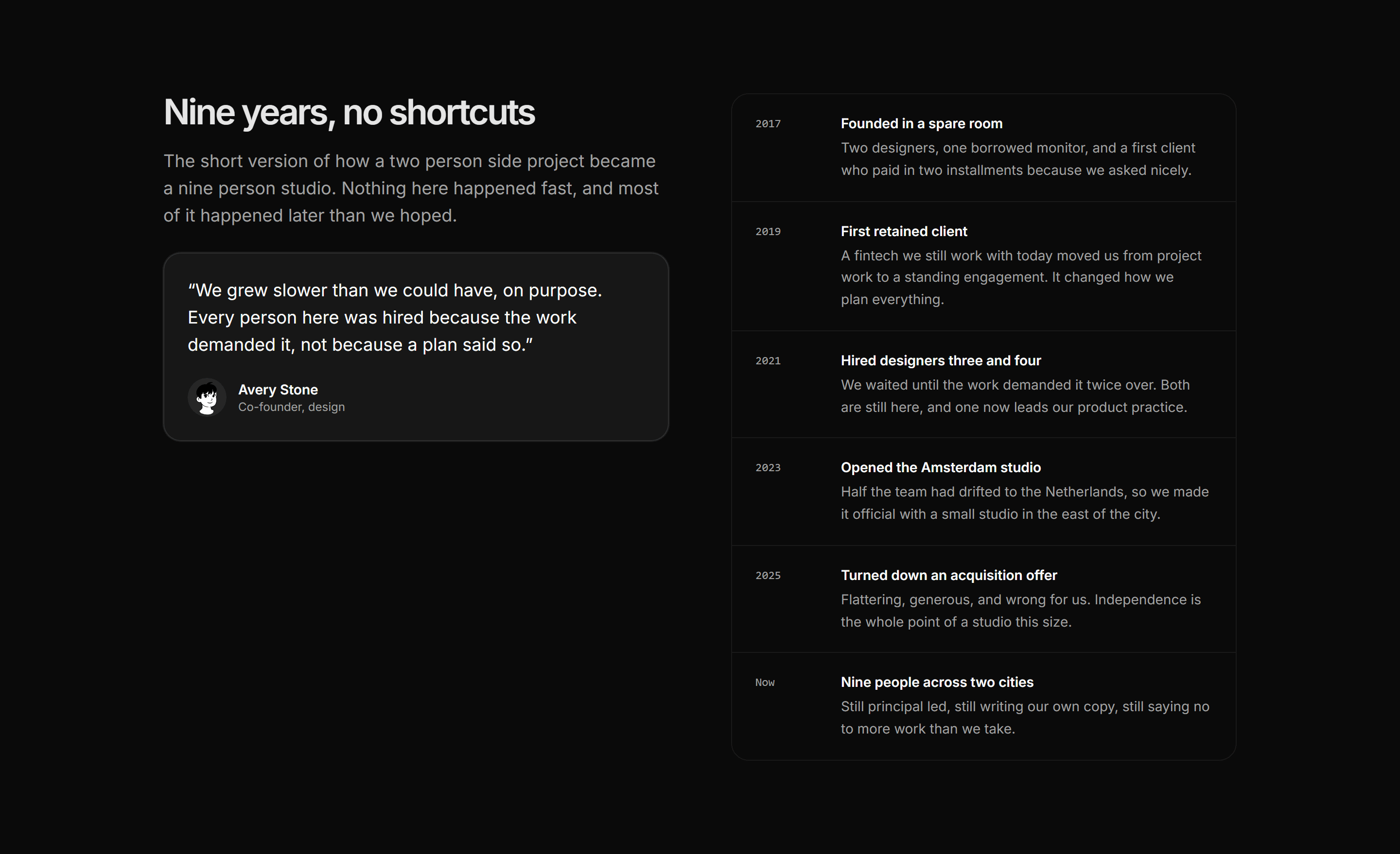 Portfolio Studio and Team: Studio Timeline